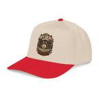 Beige and red cap with a cardinal patch on a white background