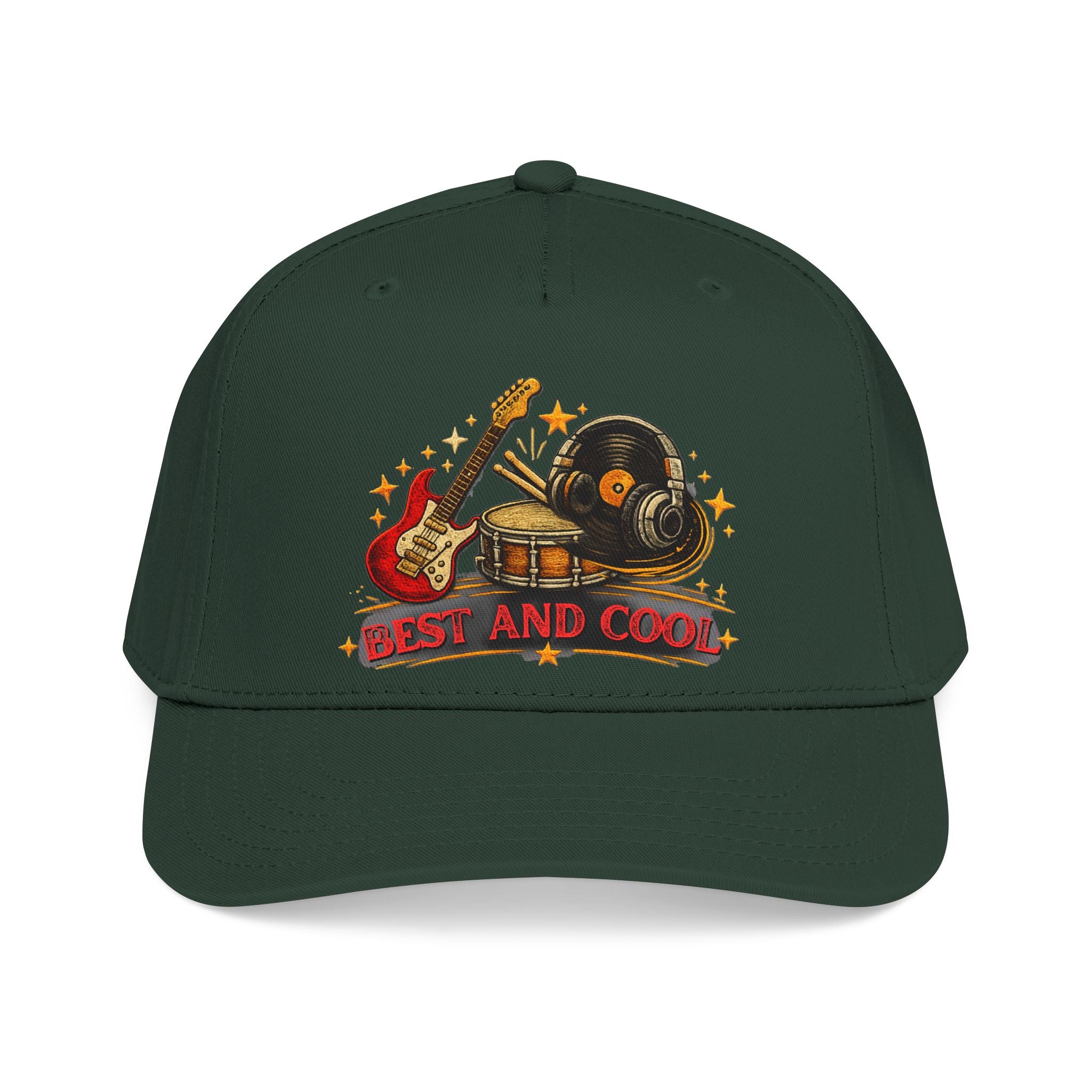 A dark forest green baseball cap featuring a retro-style graphic on the front with a red electric guitar, a vinyl record, a drum set, stars, and the text 'BEST AND COOL' in red and yellow.