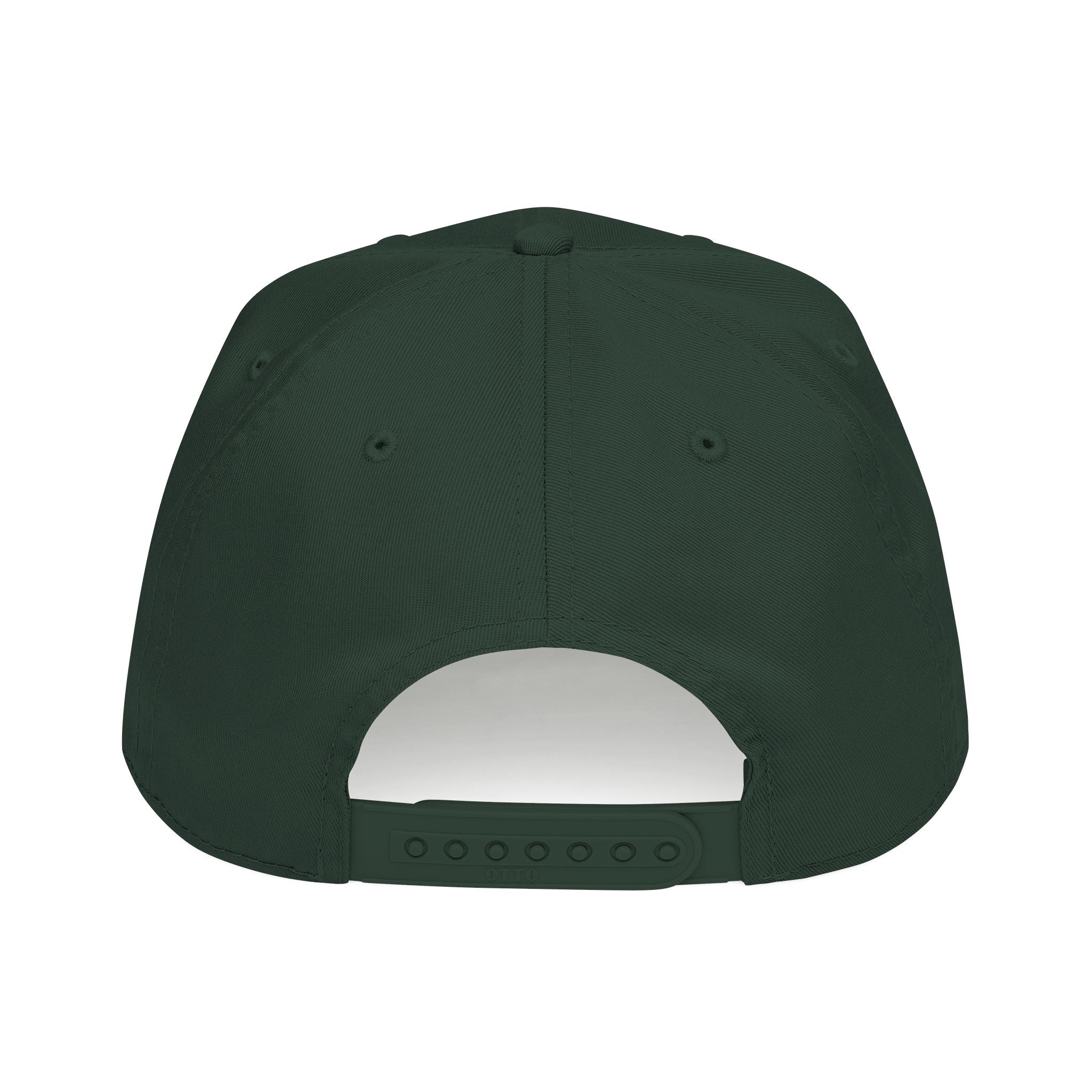 The back view of a dark forest green baseball cap with an adjustable snapback closure, shown on a plain white background.