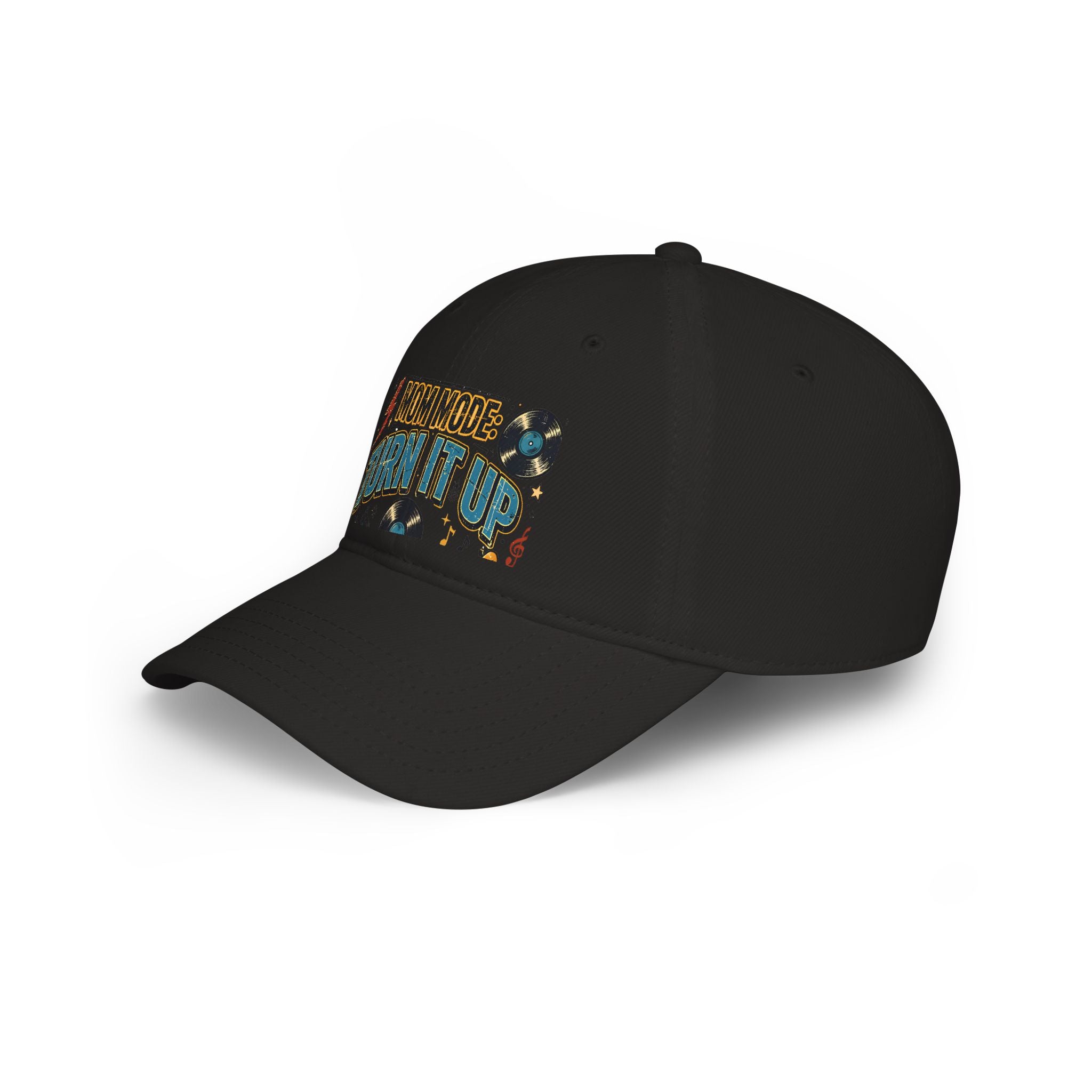 Black cap with white text on a white background