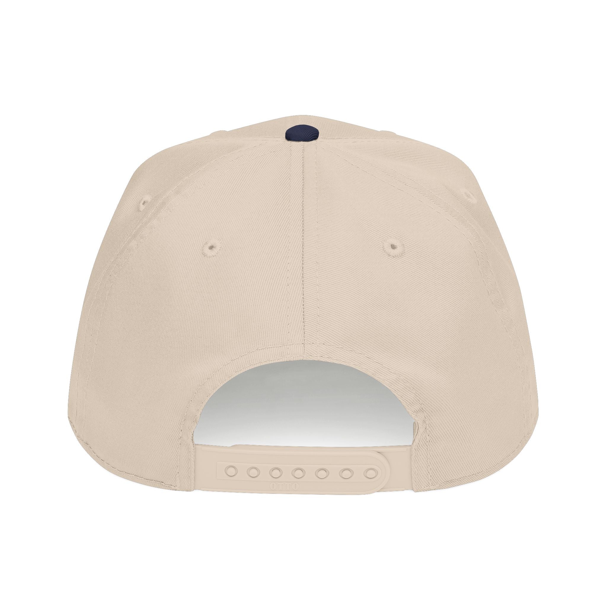 The back view of a beige snapback cap with a dark green button on top, shown against a plain white background.