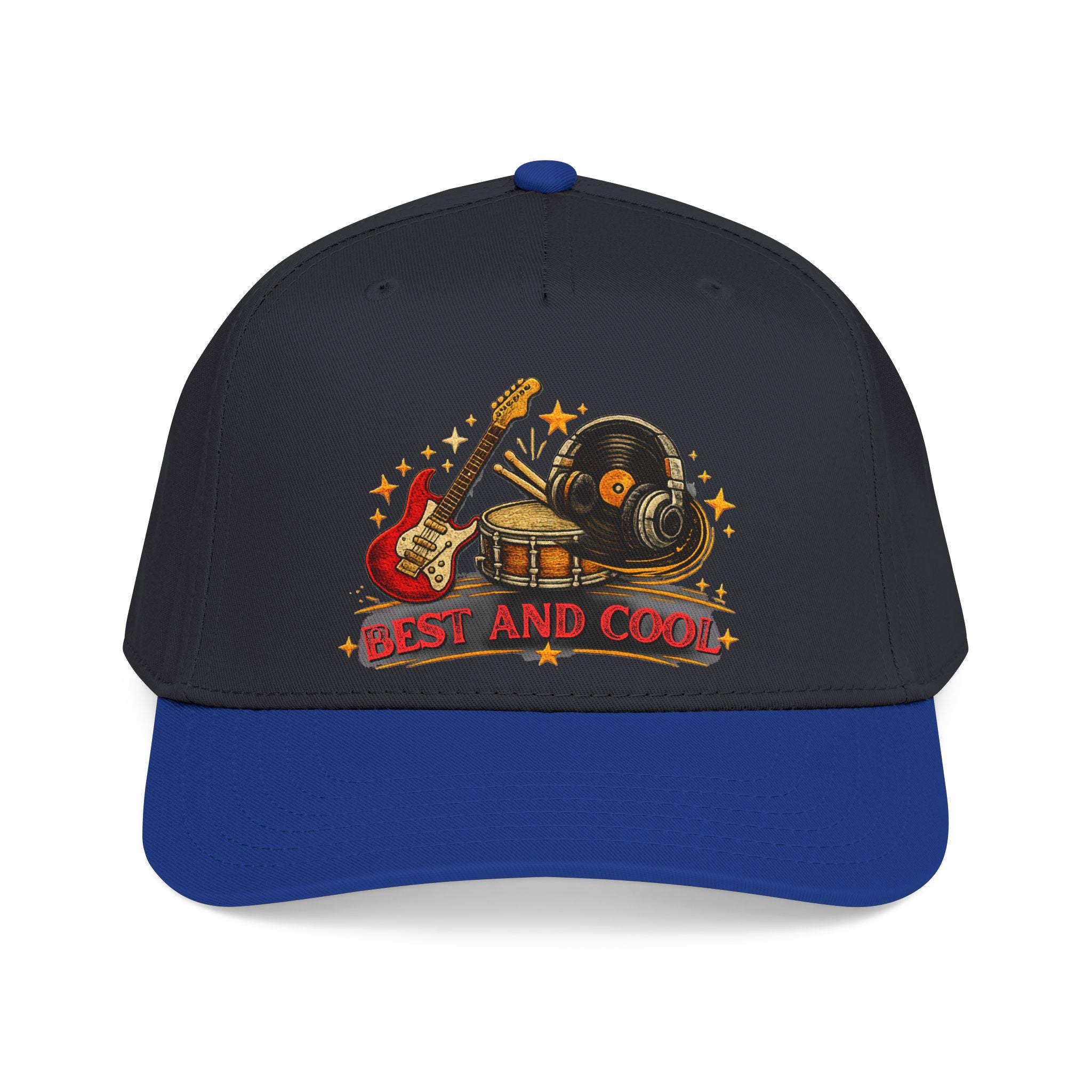 A structured baseball cap with a black crown and a royal blue visor, featuring a colorful graphic on the front with musical instruments, stars, and the text 'BEST AND COOL'.