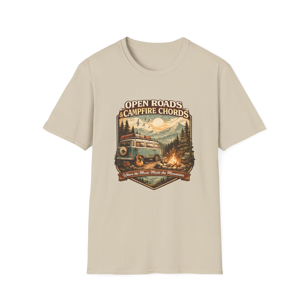 A light beige crewneck t-shirt with a vintage-style campfire graphic on the chest. The graphic features a retro camper van, a campfire, pine trees, mountains, and the text 'OPENROADS CAMPFIRE CHORDS'.