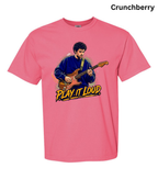 A pink short-sleeve crewneck t-shirt featuring a graphic of a man playing an electric guitar with the text 'PLAY IT LOUD' in yellow and black. The word 'Crunchberry' is printed in black in the top right corner.