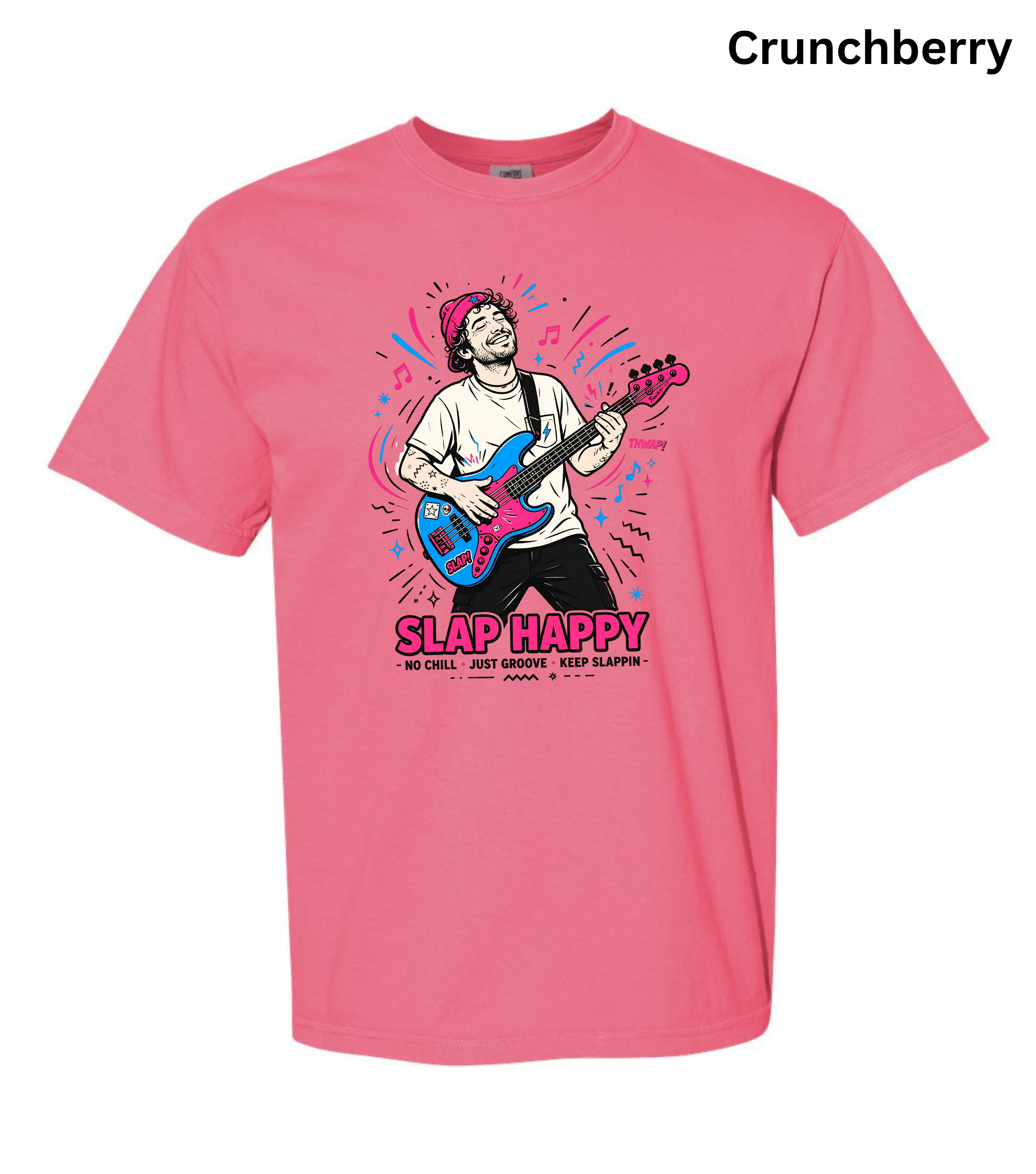 A pink short-sleeve crewneck t-shirt featuring a colorful graphic of a man playing an electric guitar with the text 'SLAP HAPPY' and 'MCDILL, ARIZ. 85011' printed below.