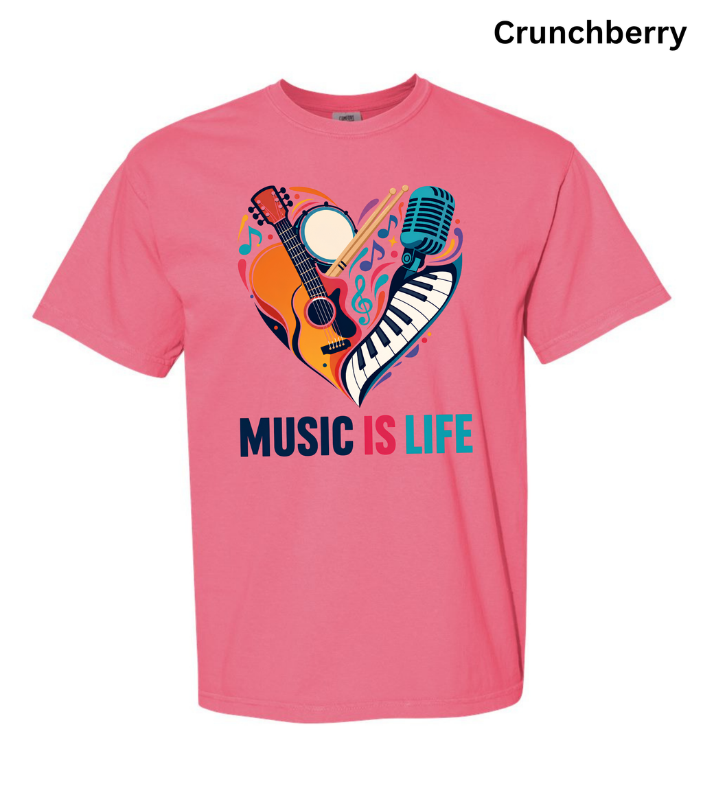 Music Is Life T-Shirt | Colorful Music Lover Graphic Tee with Guitar, Piano & Microphone