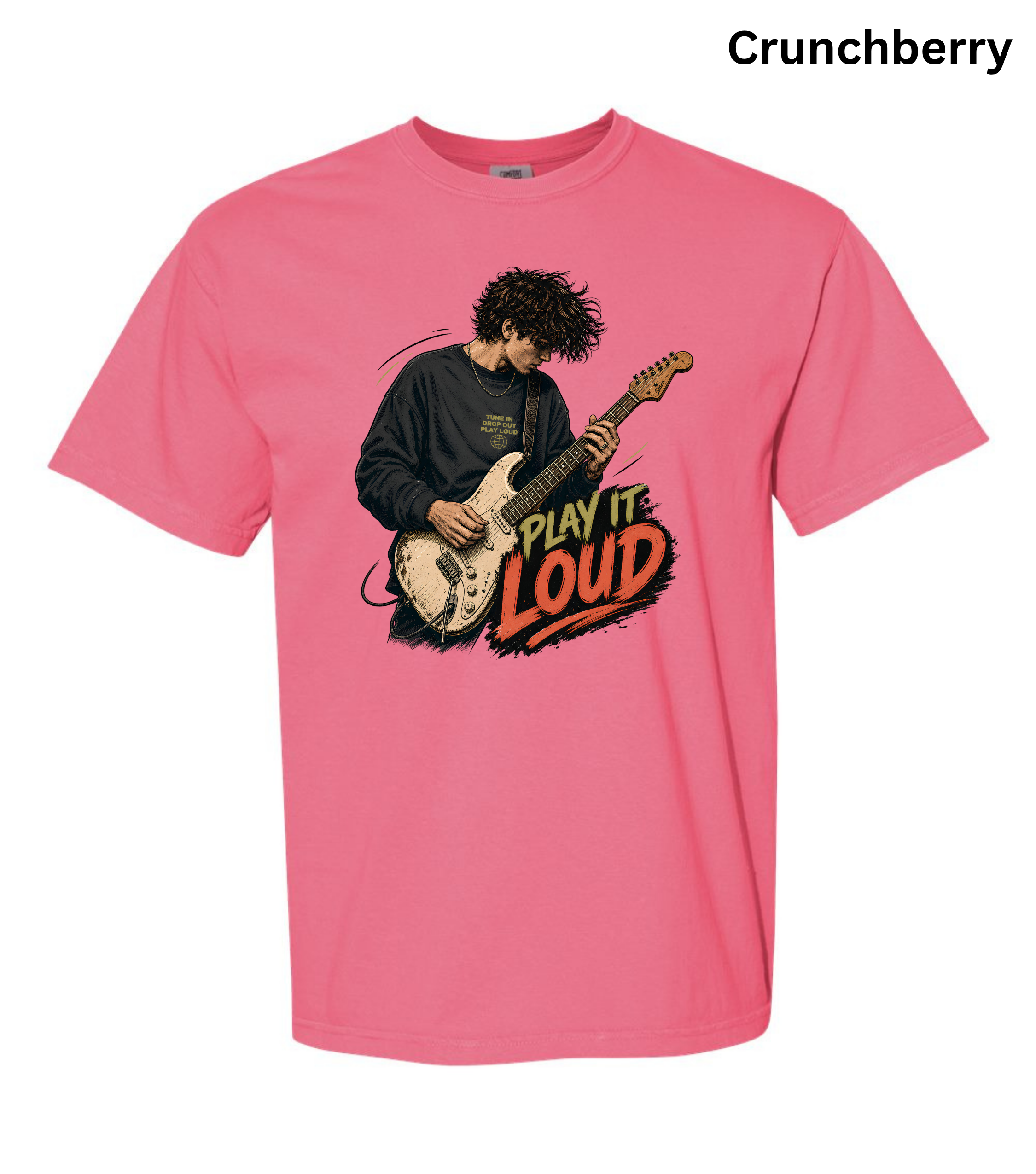 A pink short-sleeve crewneck t-shirt featuring a graphic of a man playing an electric guitar with the text 'PLAY IT LOUD' in orange and black. The word 'Crunchberry' is printed in black in the top right corner.