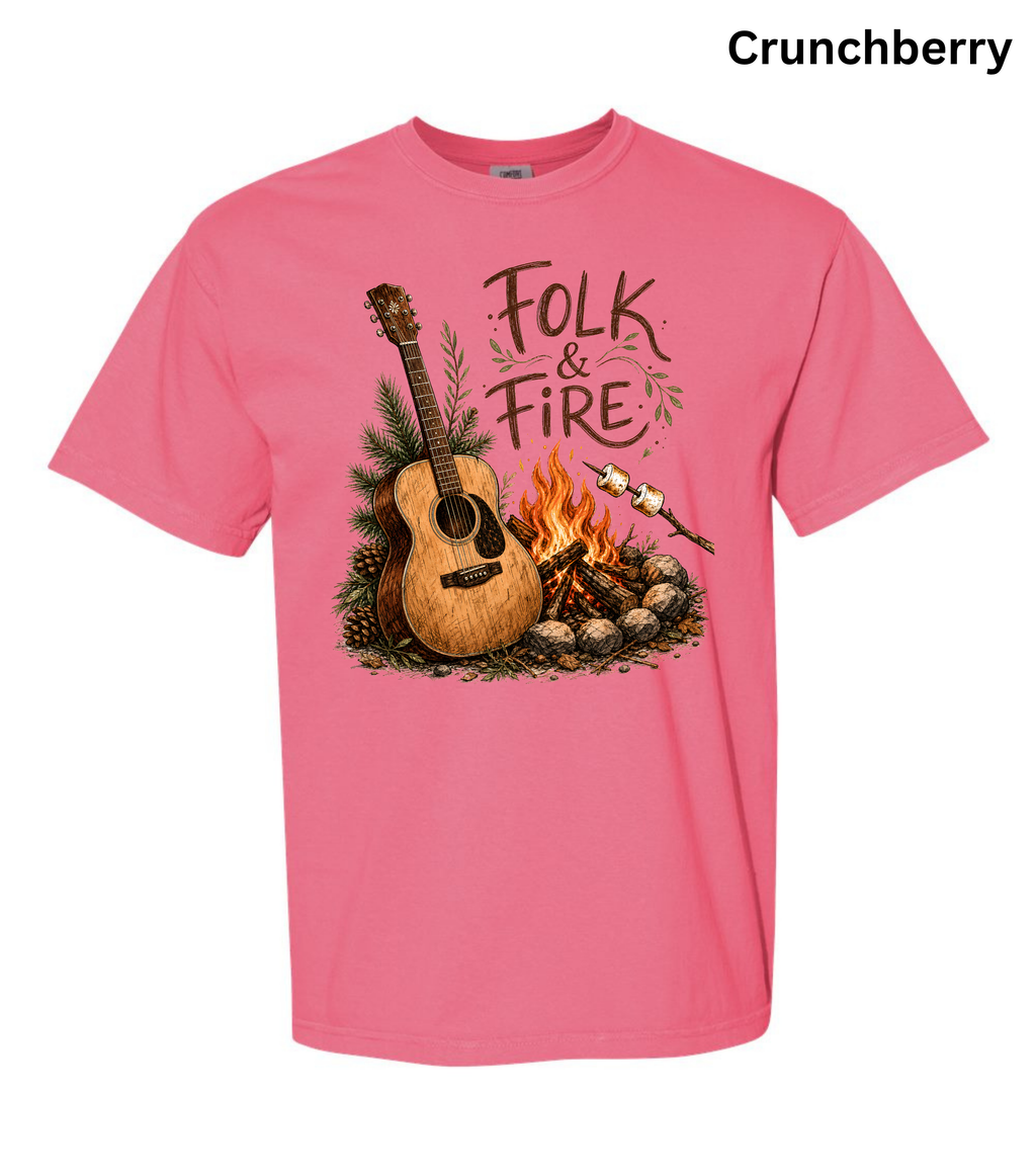 Folk & Fire Guitar T-Shirt | Campfire Acoustic Guitar Graphic Tee for Folk Music Lovers & Campers