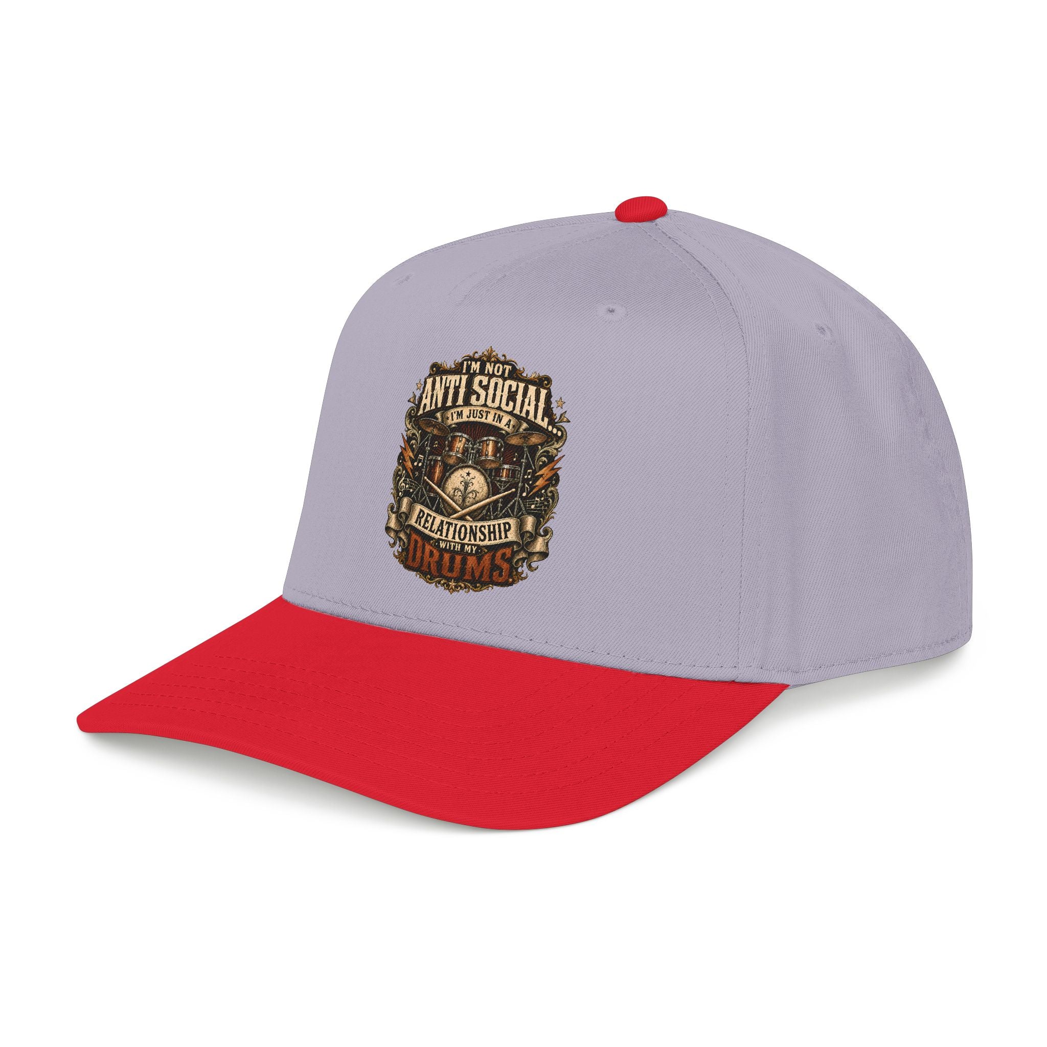 A two-tone baseball cap with a light gray crown and a bright red curved brim, featuring a detailed graphic on the front that reads 'The Anti Social Five Relationship Directive'.