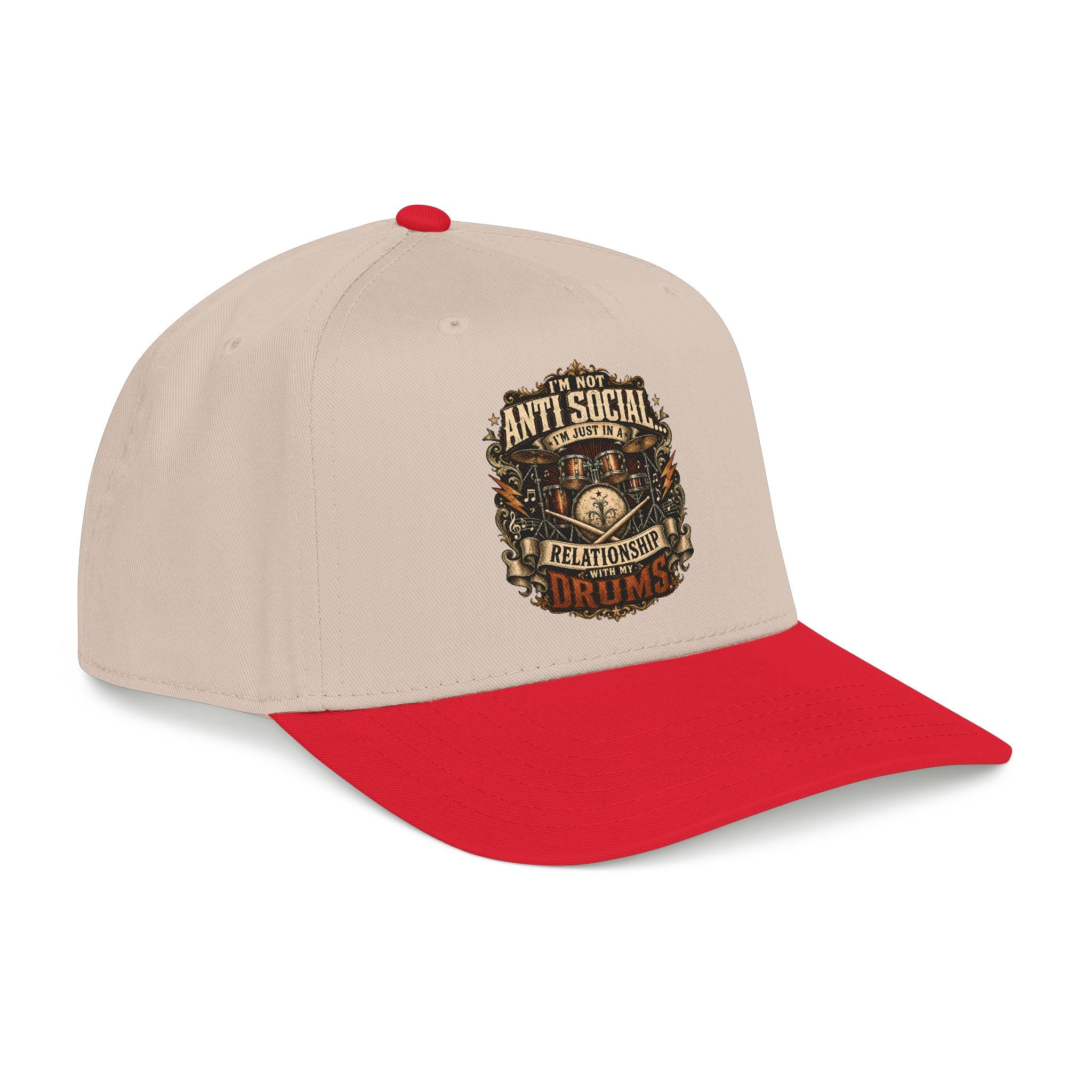 A structured baseball cap with a light beige crown and a bright red curved brim, featuring a circular graphic on the front that reads 'ANTI SOCIAL DRINKS' with a dark illustration. The cap is shown at a three-quarter angle on a clean white background.