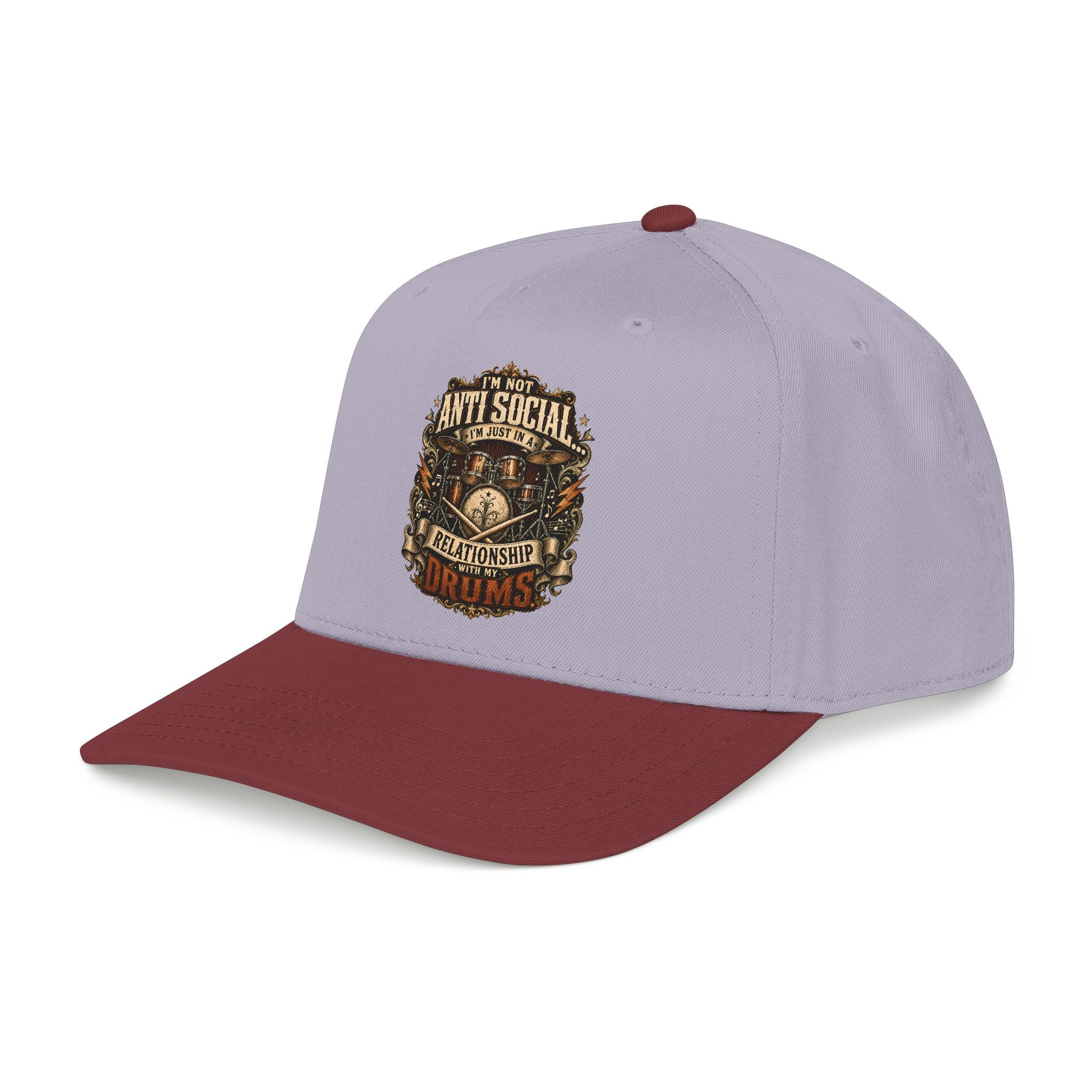 A baseball cap with a light lavender-purple crown and a dark maroon curved brim, featuring a detailed graphic on the front that reads 'ANTI SOCIAL TYPE Relationship Destroyer'.
