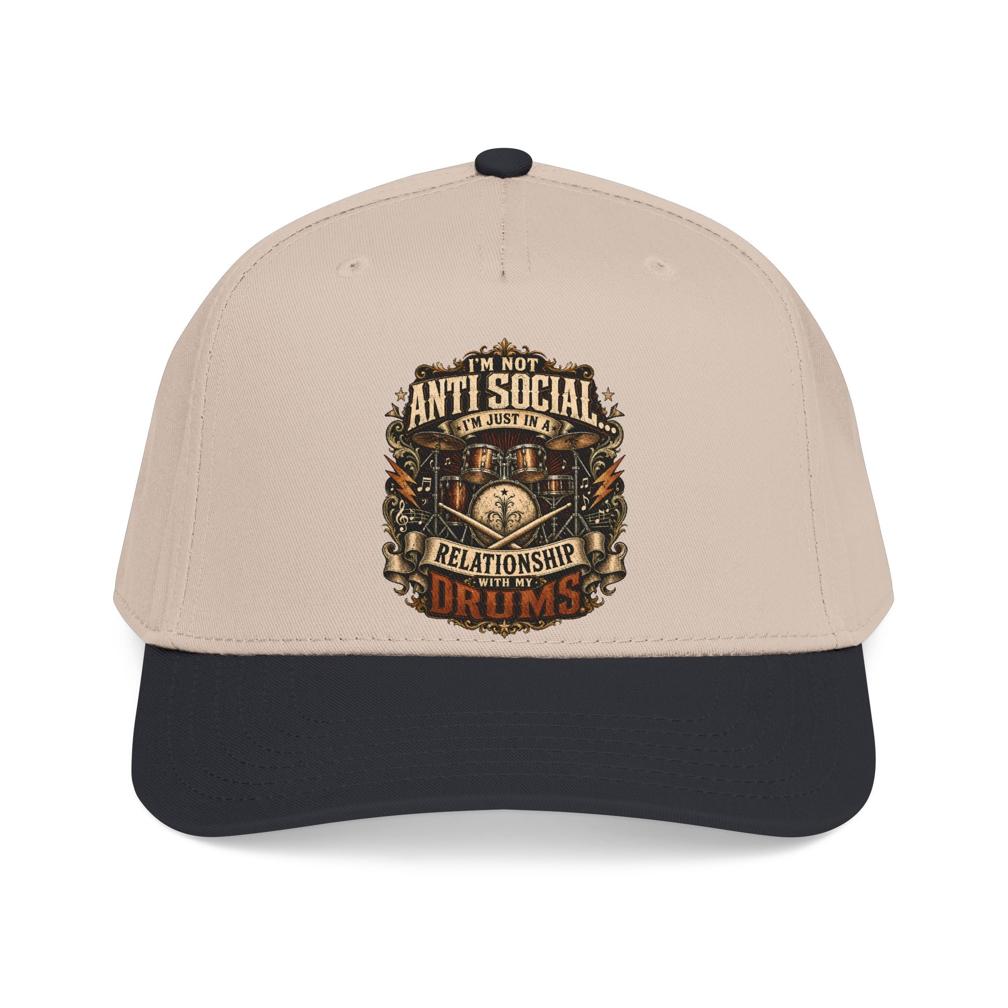 A structured baseball cap with a light beige crown and a dark forest green visor, featuring a detailed graphic on the front that reads 'I'M NOT ANTI SOCIAL I'M JUST DRUMS' in a vintage emblem style.