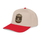 A structured baseball cap with a light beige crown and a bright red curved brim, featuring a detailed graphic on the front that reads 'ANTI SOCIAL TYPE' and 'FRIENDSHIP IS CRIME'.