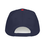 The back view of a navy blue snapback cap with a small red button on top and an adjustable snap closure, shown on a plain white background.