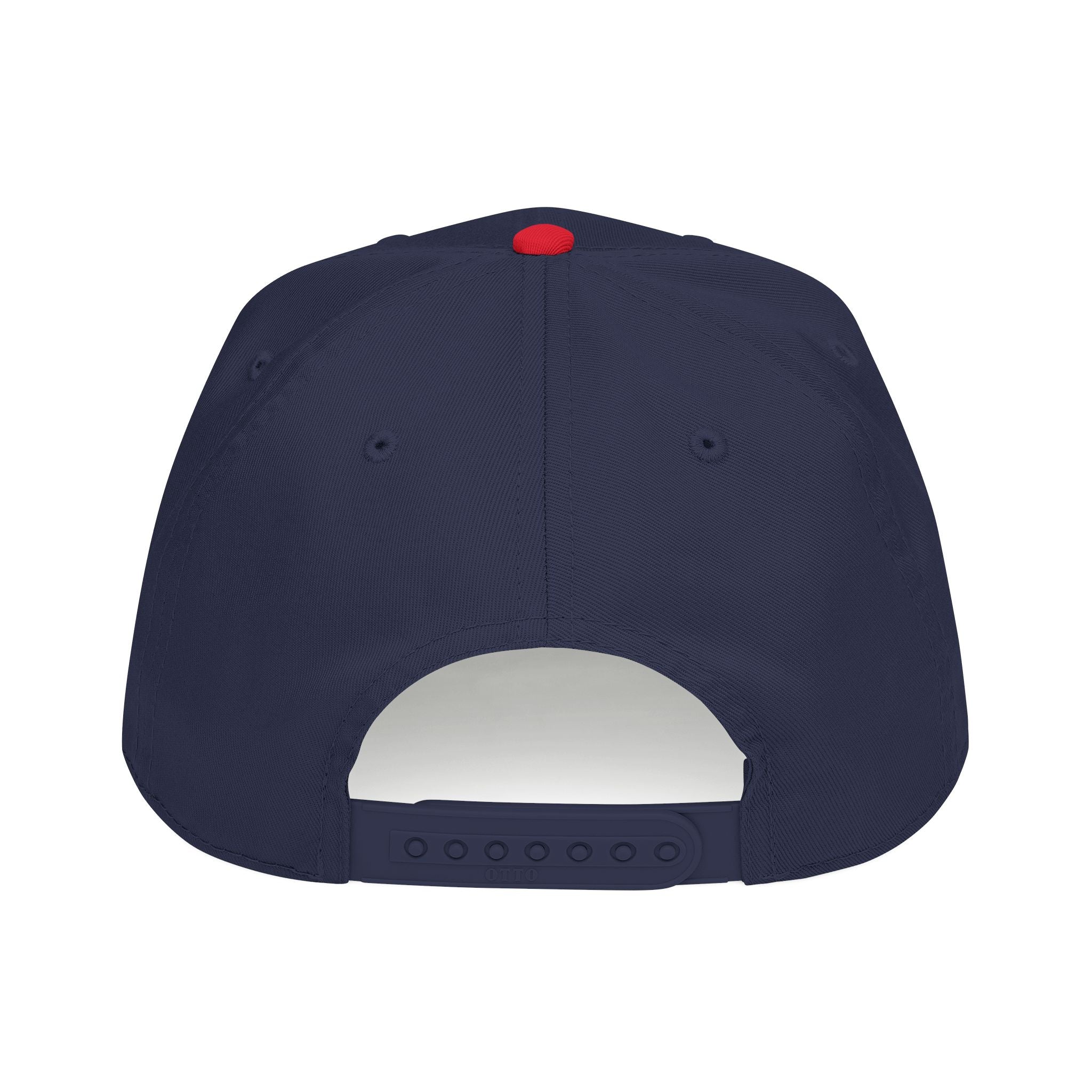 The back view of a navy blue snapback cap with a small red button on top and an adjustable snap closure, shown on a plain white background.