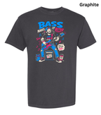 A dark charcoal gray t-shirt with a colorful graphic of a bassist playing an electric bass guitar. The graphic features the text 'BASS MAKES IT BETTER' in blue and pink.
