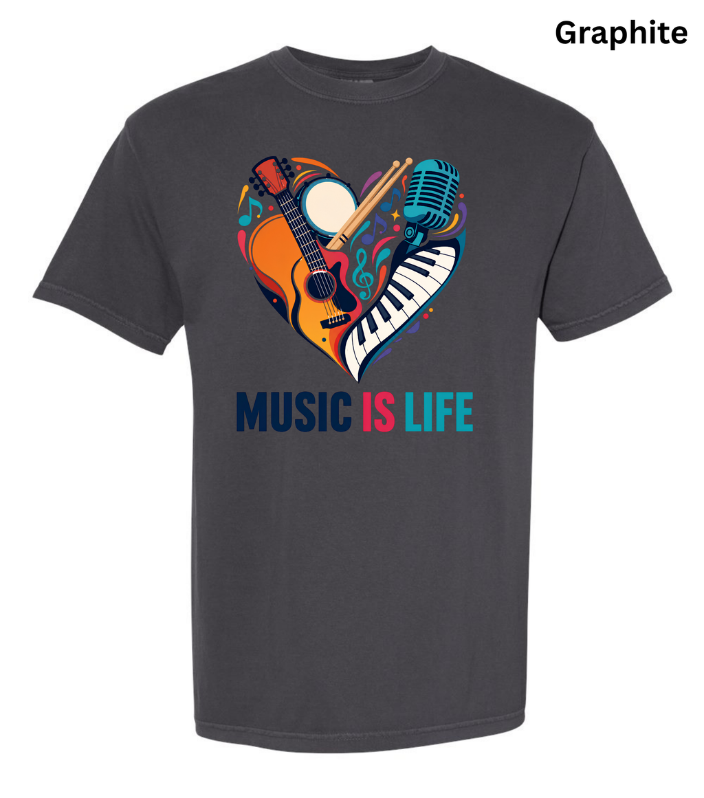 Music Is Life T-Shirt | Colorful Music Lover Graphic Tee with Guitar, Piano & Microphone