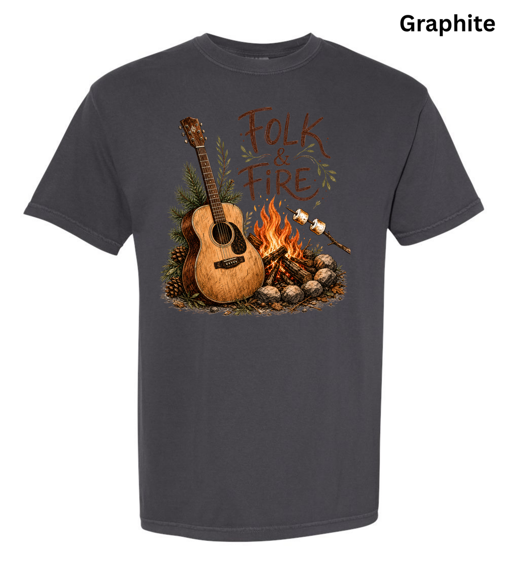 Folk & Fire Guitar T-Shirt | Campfire Acoustic Guitar Graphic Tee for Folk Music Lovers & Campers