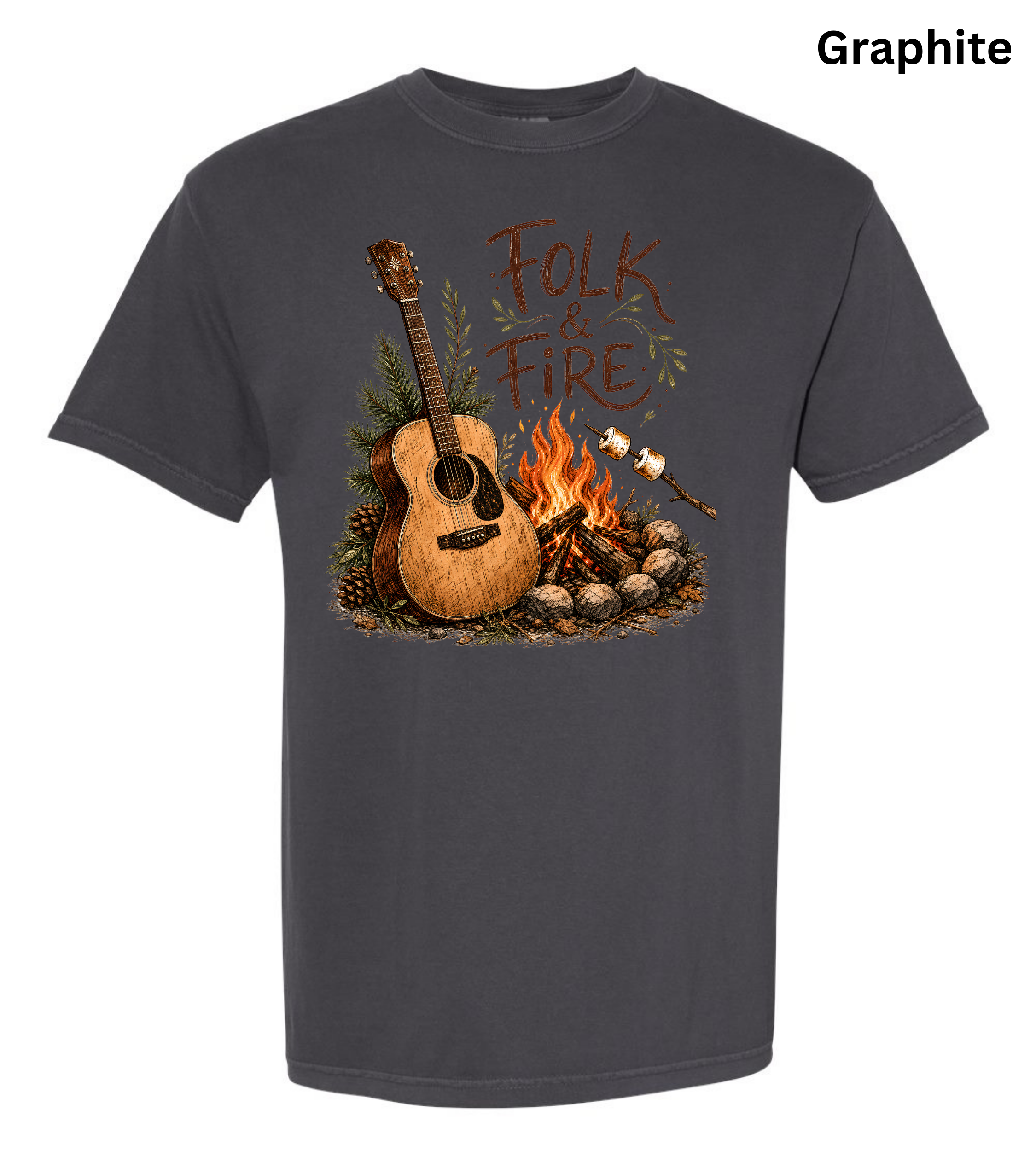 Folk & Fire Guitar T-Shirt | Campfire Acoustic Guitar Graphic Tee for Folk Music Lovers & Campers