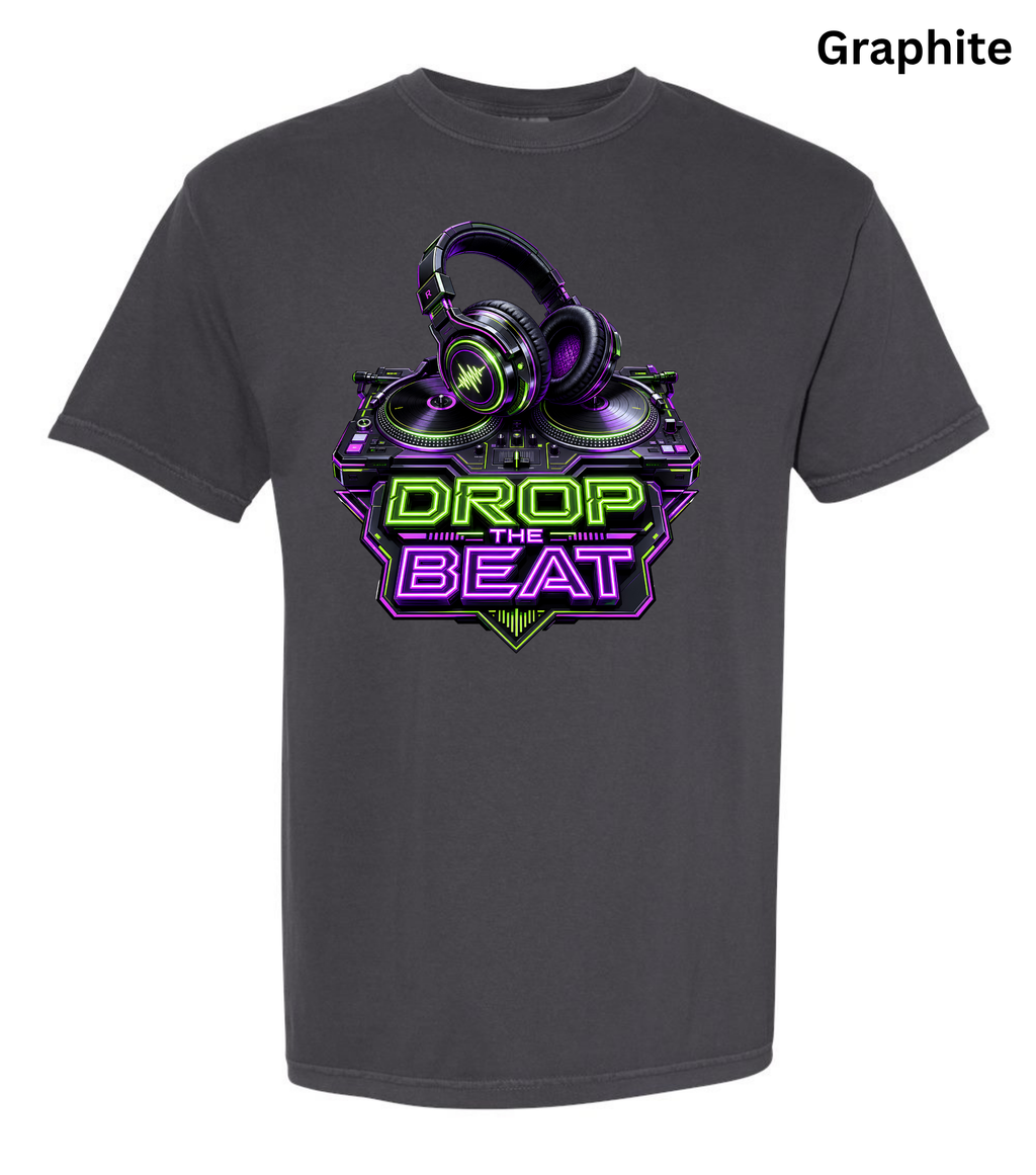 Drop the Beat DJ T-Shirt | Neon DJ Headphones & Turntable Graphic Tee for DJs, EDM & Electronic Music Lovers