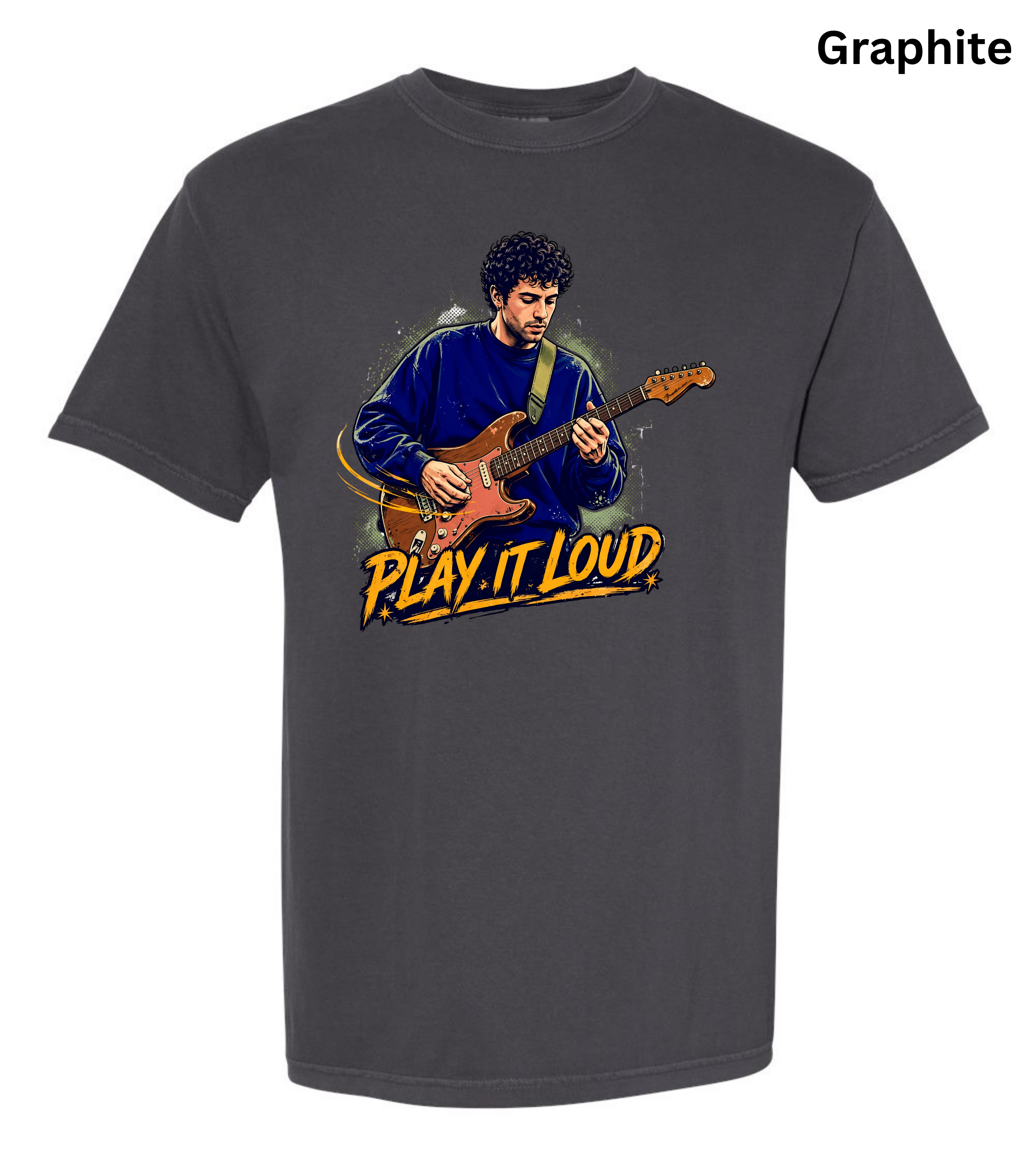 A dark charcoal gray t-shirt with a colorful graphic of a man playing an electric guitar and the text 'PLAY IT LOUD' in yellow and orange. The word 'Graphite' is printed in black in the top right corner.