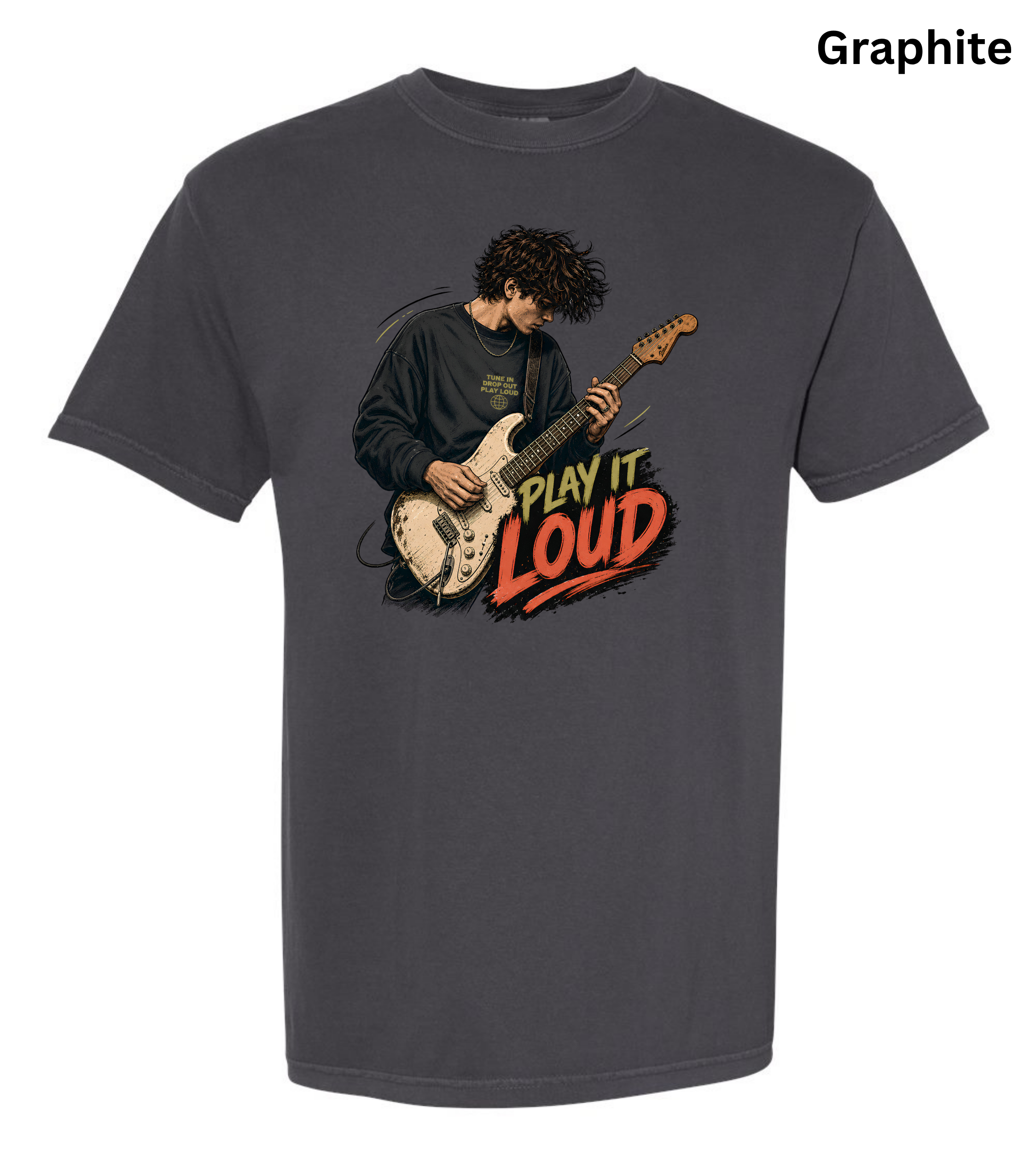 A dark gray short-sleeve t-shirt with a graphic of a guitarist playing an electric guitar next to the text 'PLAY IT LOUD' in red, orange, and yellow. The word 'Graphite' is printed in black in the top right corner.