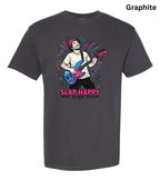 A dark charcoal gray t-shirt with a colorful graphic of a guitarist playing a blue and pink bass guitar, with the text 'SLAP HAPPY' printed below in pink. The word 'Graphite' is written in the top right corner.