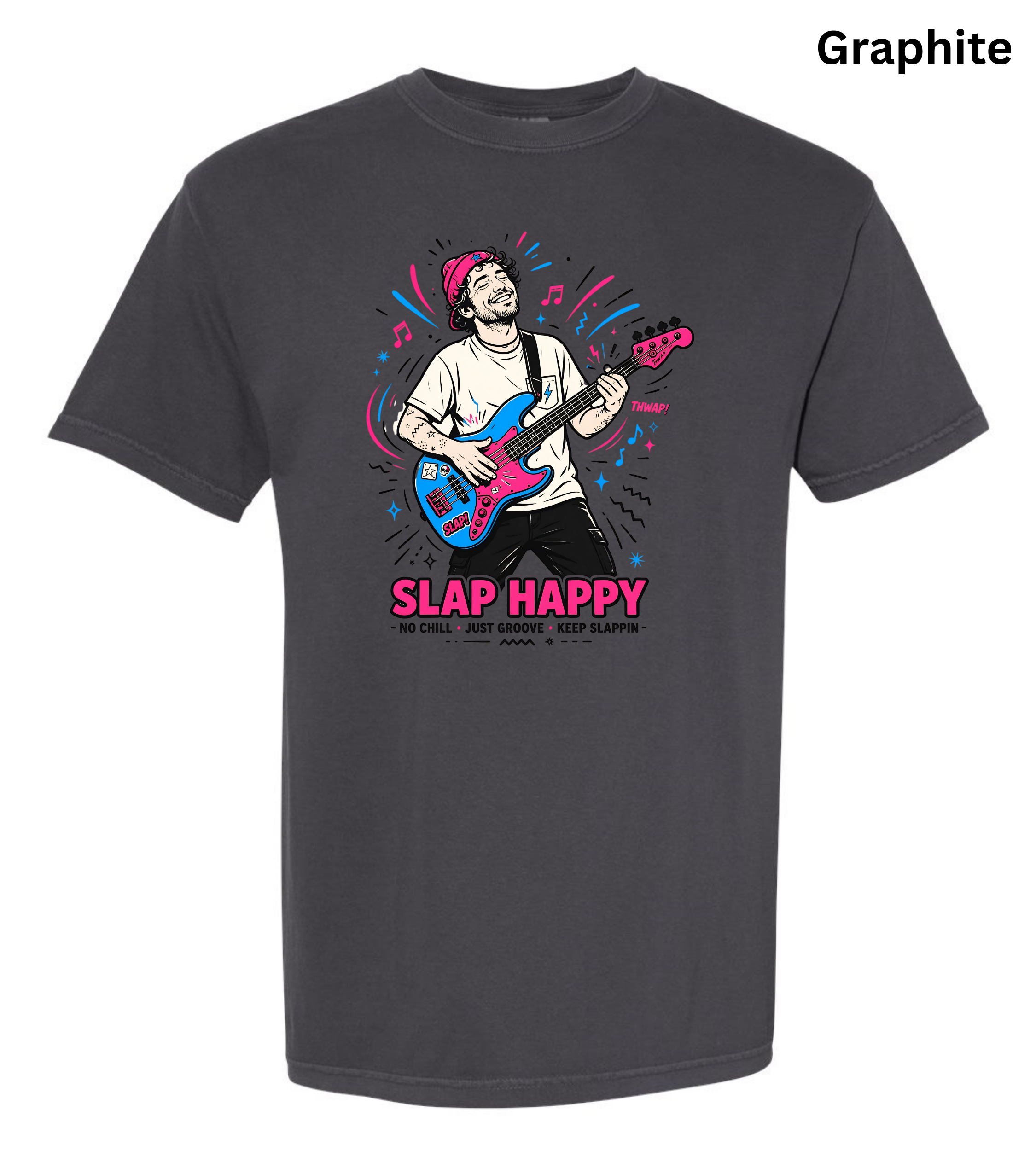 A dark charcoal gray t-shirt with a colorful graphic of a guitarist playing a blue and pink bass guitar, with the text 'SLAP HAPPY' printed below in pink. The word 'Graphite' is written in the top right corner.