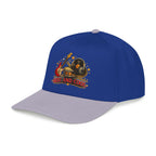 A royal blue and light gray baseball cap featuring a graphic on the front with a vinyl record, guitar, and the text 'BEST AND COOL'.