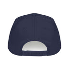 The back view of a navy blue snapback cap on a solid white background.