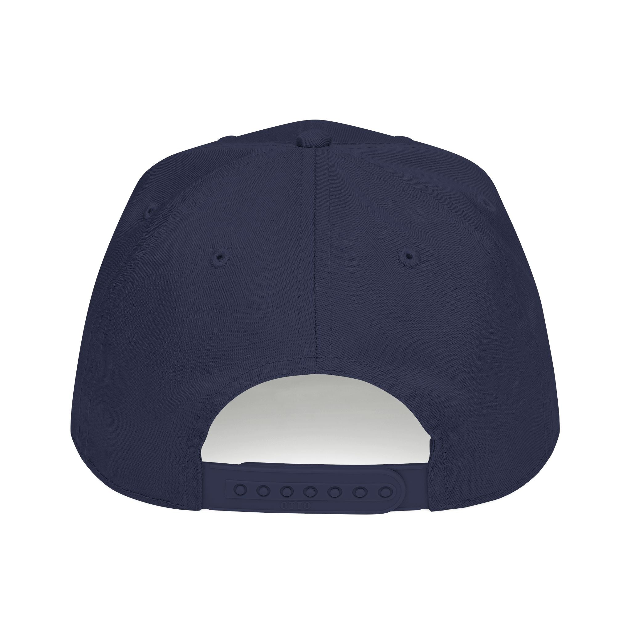 The back view of a navy blue snapback cap on a solid white background.