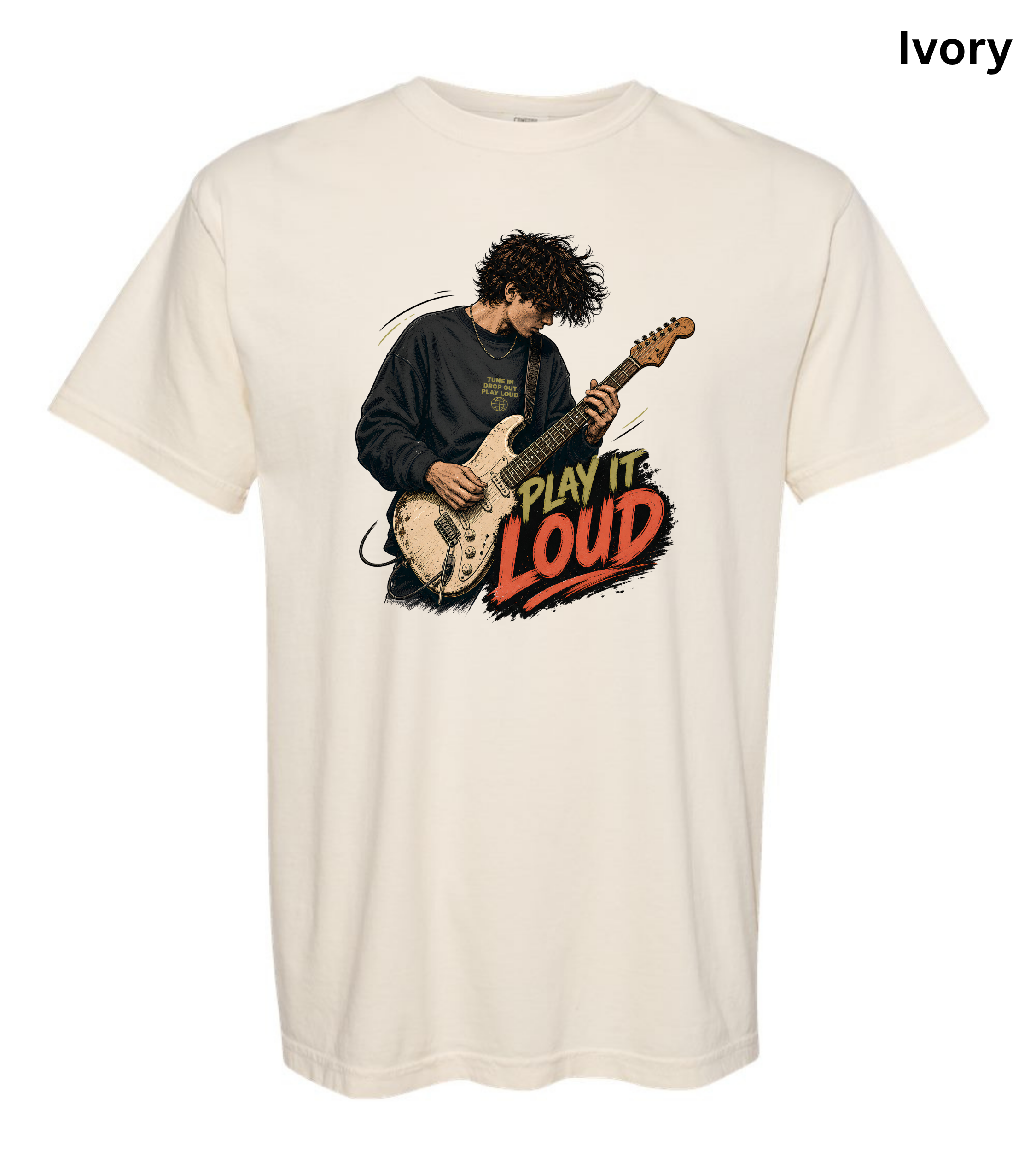 An ivory short-sleeve crewneck t-shirt featuring a graphic print of a guitarist playing an electric guitar with the text 'PLAY IT LOUD' in red and green.