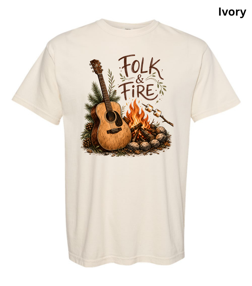 Folk & Fire Guitar T-Shirt | Campfire Acoustic Guitar Graphic Tee for Folk Music Lovers & Campers
