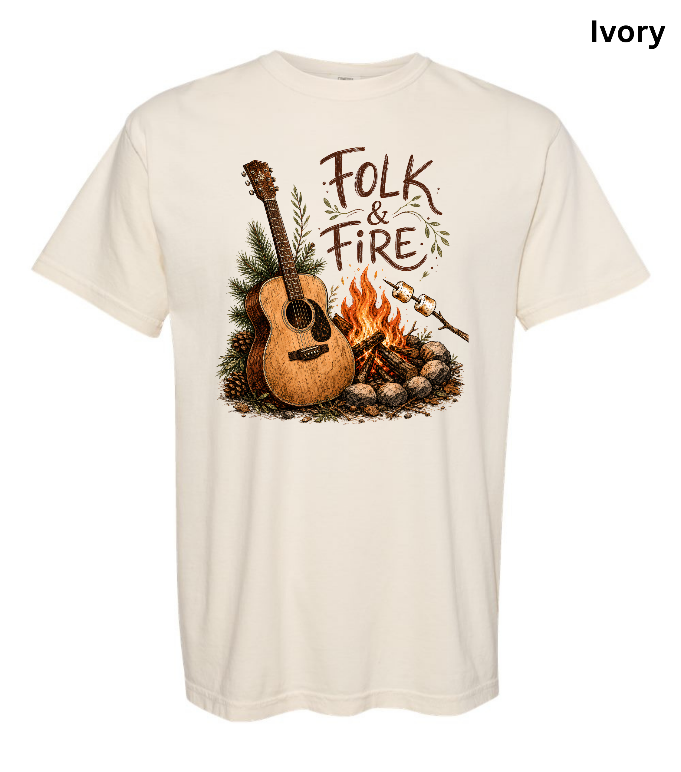 Folk & Fire Guitar T-Shirt | Campfire Acoustic Guitar Graphic Tee for Folk Music Lovers & Campers