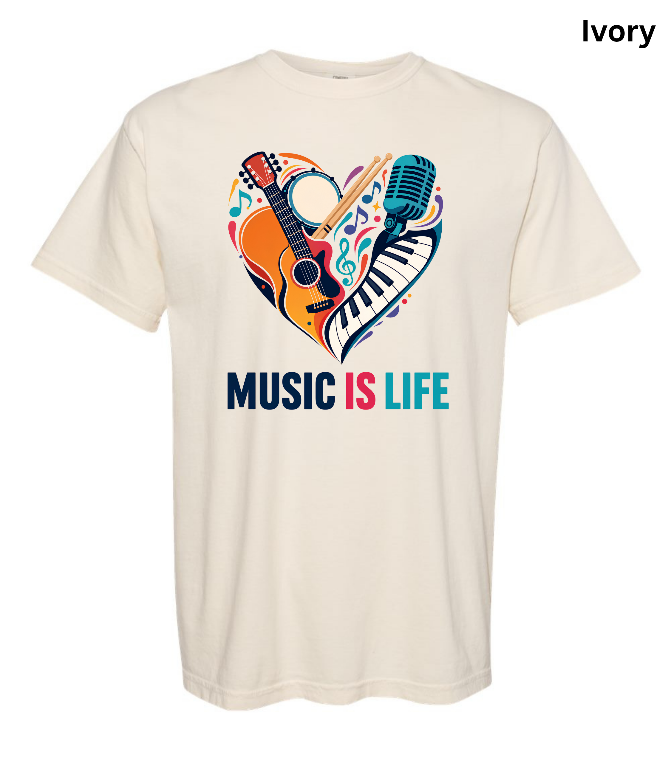 Music Is Life T-Shirt | Colorful Music Lover Graphic Tee with Guitar, Piano & Microphone