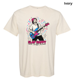 An ivory short-sleeve crewneck t-shirt featuring a colorful graphic of a musician playing an electric guitar with the text 'SLAP HAPPY' printed below, shown against a plain white background.