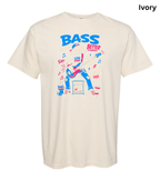 An ivory short-sleeve crewneck t-shirt featuring a colorful graphic print of a bass player with the text 'BASS BETTER' in blue and pink, displayed on a clean white background with 'Ivory' text in the top right corner.
