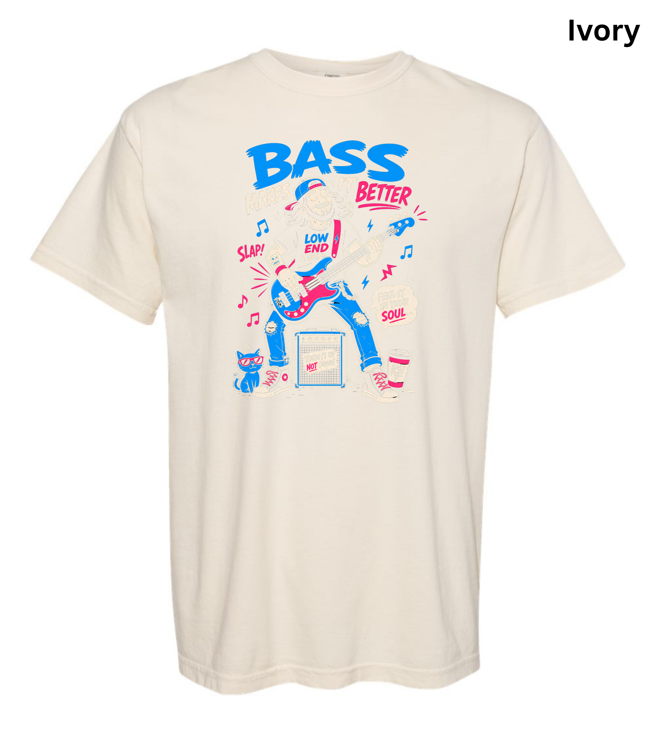An ivory short-sleeve crewneck t-shirt featuring a colorful graphic print of a bass player with the text 'BASS BETTER' in blue and pink, displayed on a clean white background with 'Ivory' text in the top right corner.