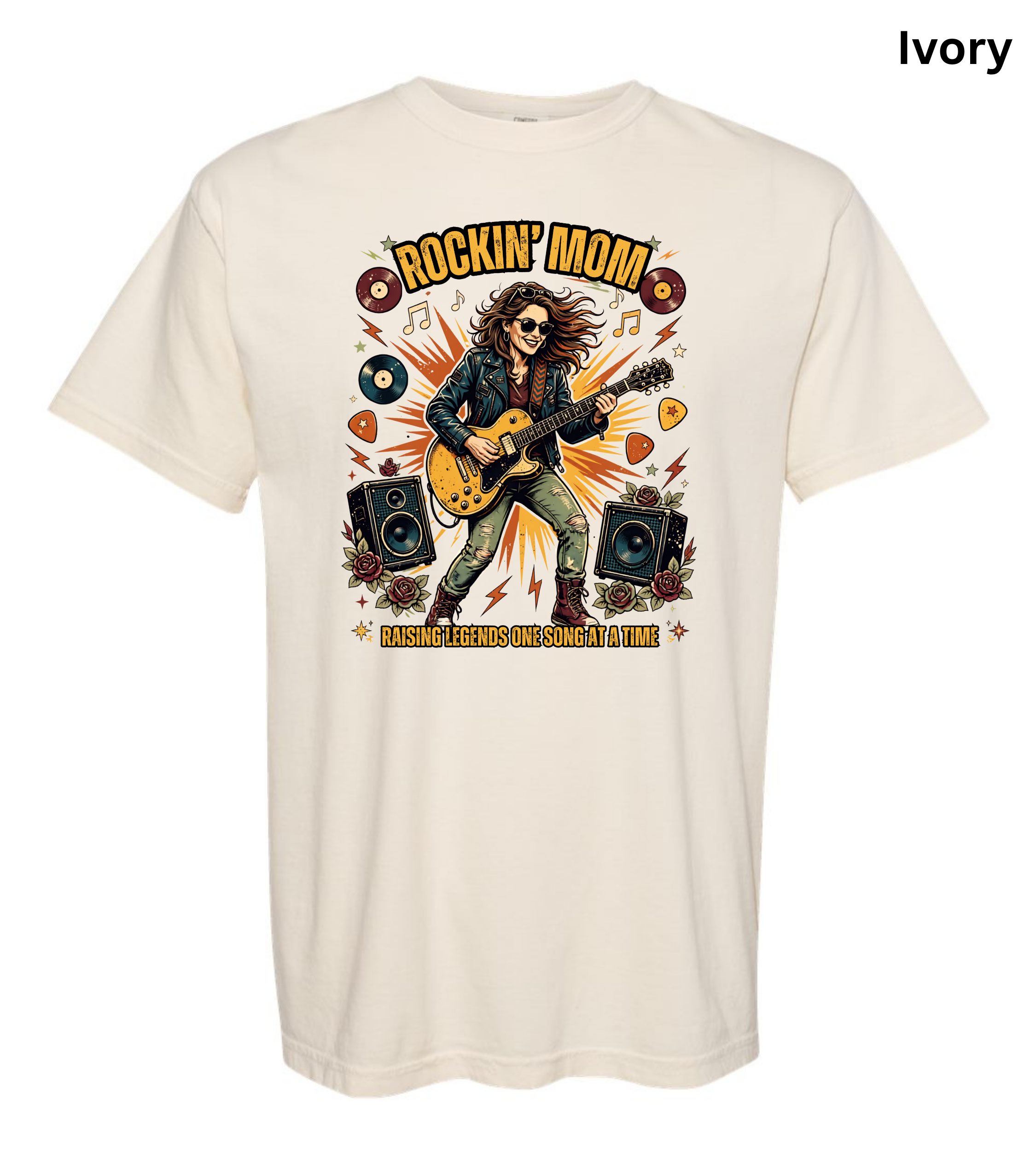 An ivory short-sleeve crewneck t-shirt featuring a colorful graphic of a rock star playing an electric guitar, with the text 'ROCKIN' MOM' and 'PASSING THE BASS THROUGH THE SINGLET OF LIFE'.