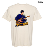 An ivory short-sleeve crewneck t-shirt featuring a graphic print of a man playing an electric guitar with the text 'PLAY IT LOUD' underneath, shown against a plain white background.