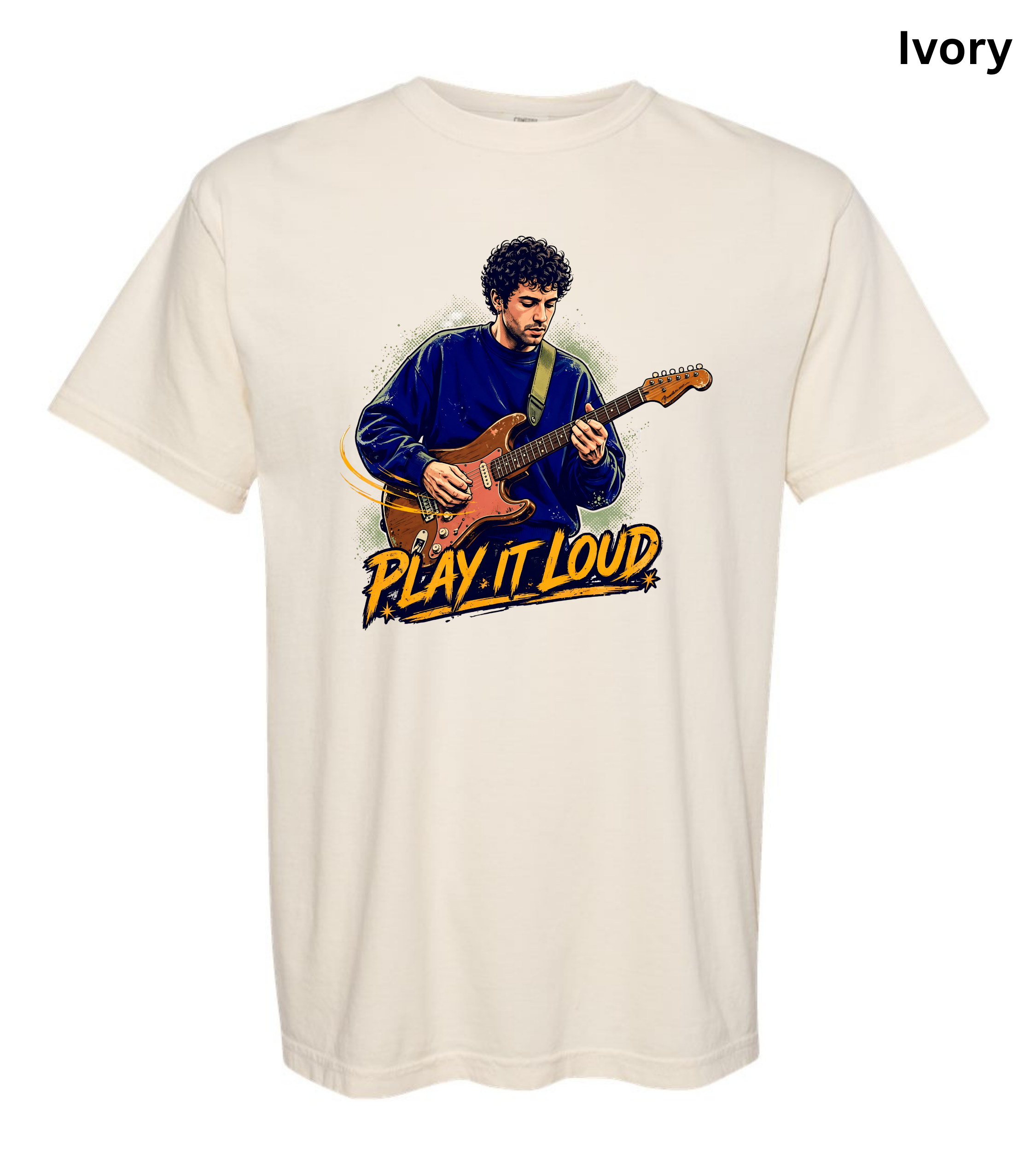 An ivory short-sleeve crewneck t-shirt featuring a graphic print of a man playing an electric guitar with the text 'PLAY IT LOUD' underneath, shown against a plain white background.