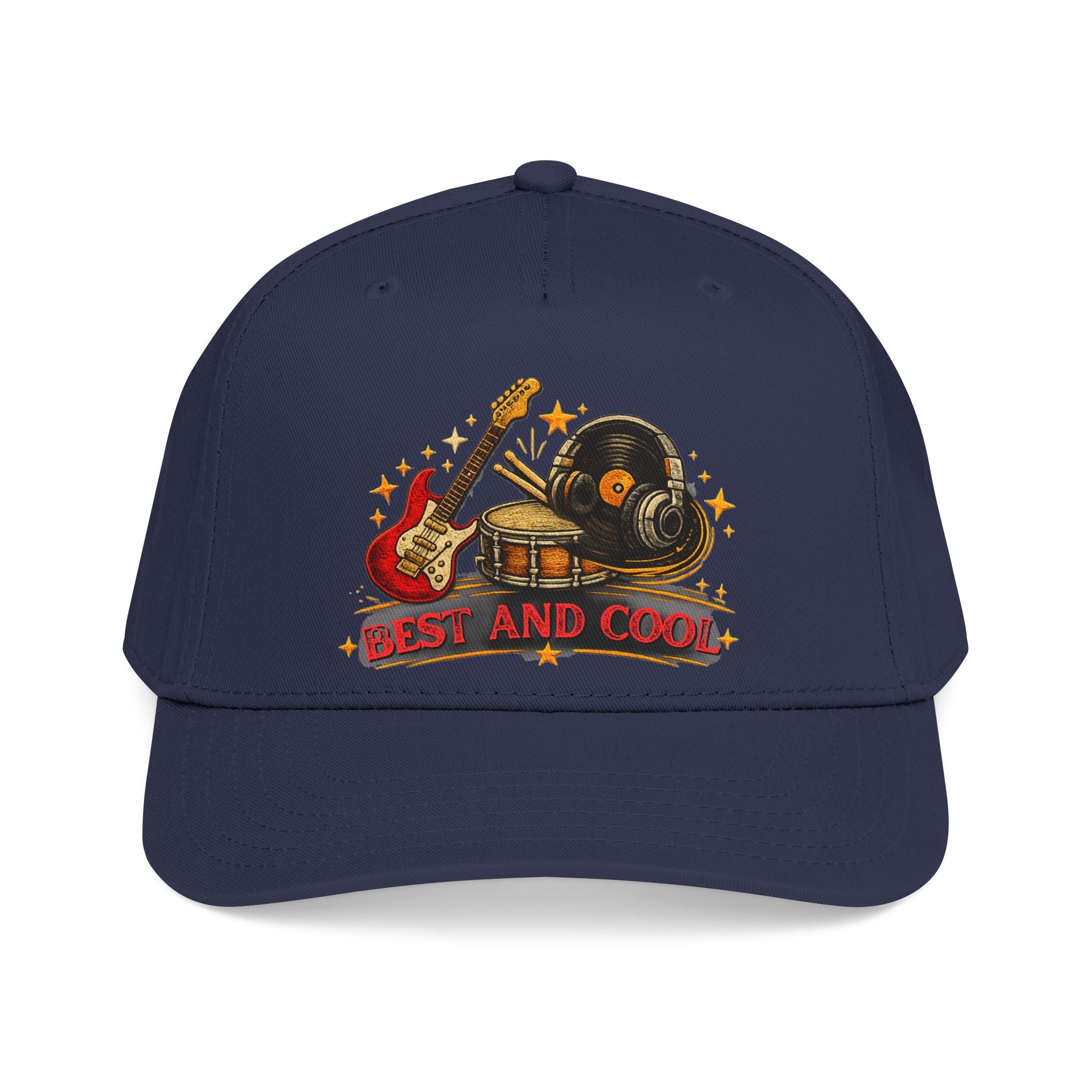 A navy blue baseball cap featuring a retro-style graphic on the front with a red electric guitar, drum set, vinyl record, stars, and the text 'BEST AND COOL'.