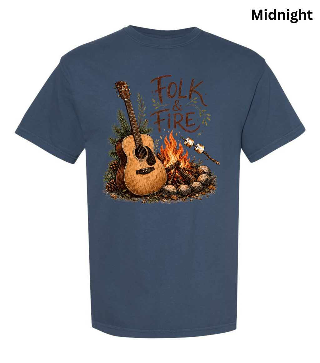 Folk & Fire Guitar T-Shirt | Campfire Acoustic Guitar Graphic Tee for Folk Music Lovers & Campers