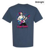 A navy blue short-sleeve t-shirt with a colorful graphic of a man playing an electric guitar, accompanied by the text 'SLAP HAPPY' in pink. The word 'Midnight' is printed in black in the top right corner, indicating the colorway.