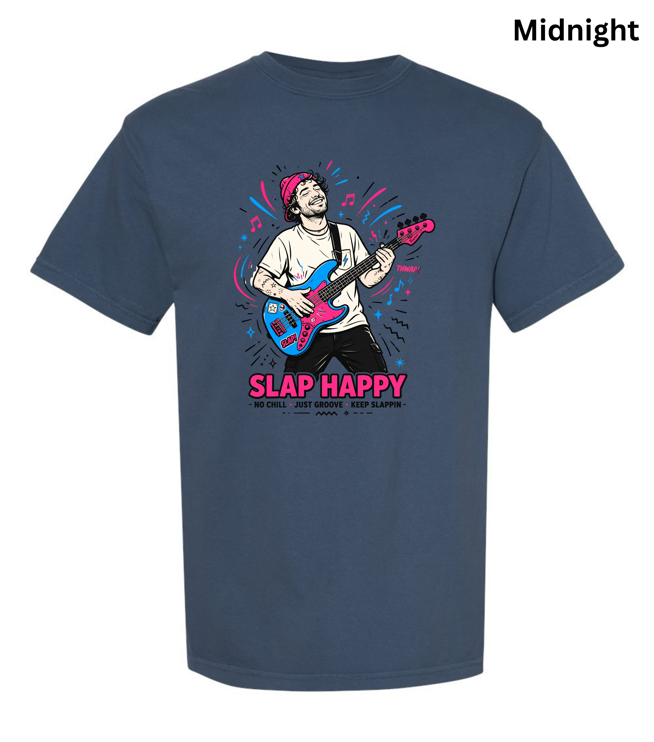 A navy blue short-sleeve t-shirt with a colorful graphic of a man playing an electric guitar, accompanied by the text 'SLAP HAPPY' in pink. The word 'Midnight' is printed in black in the top right corner, indicating the colorway.