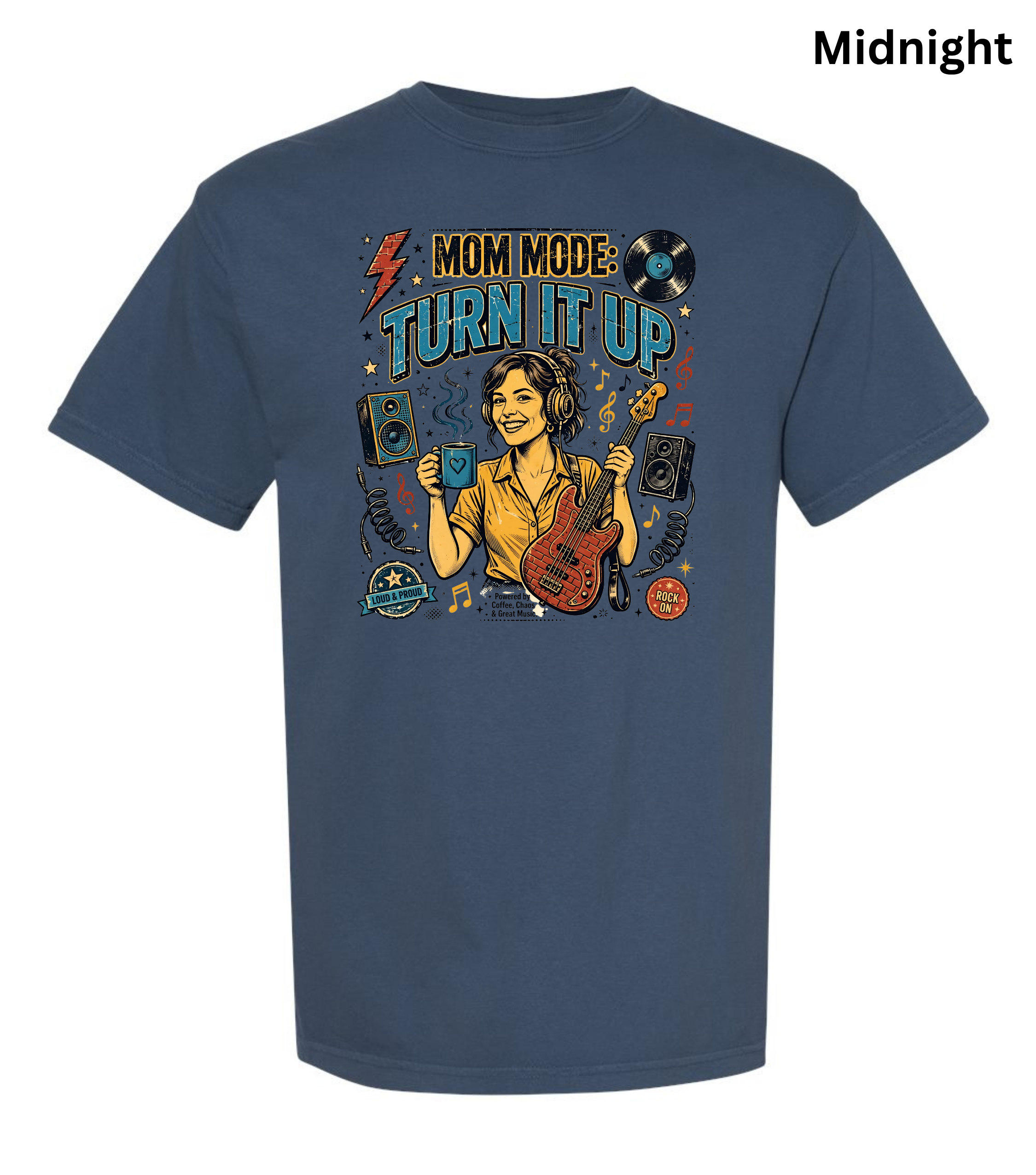 A navy blue short-sleeve t-shirt with a colorful graphic on the front depicting a woman with a guitar and boombox surrounded by retro music elements and the text 'MOM MODE: TURN IT UP'. The word 'Midnight' is printed in the top right corner.