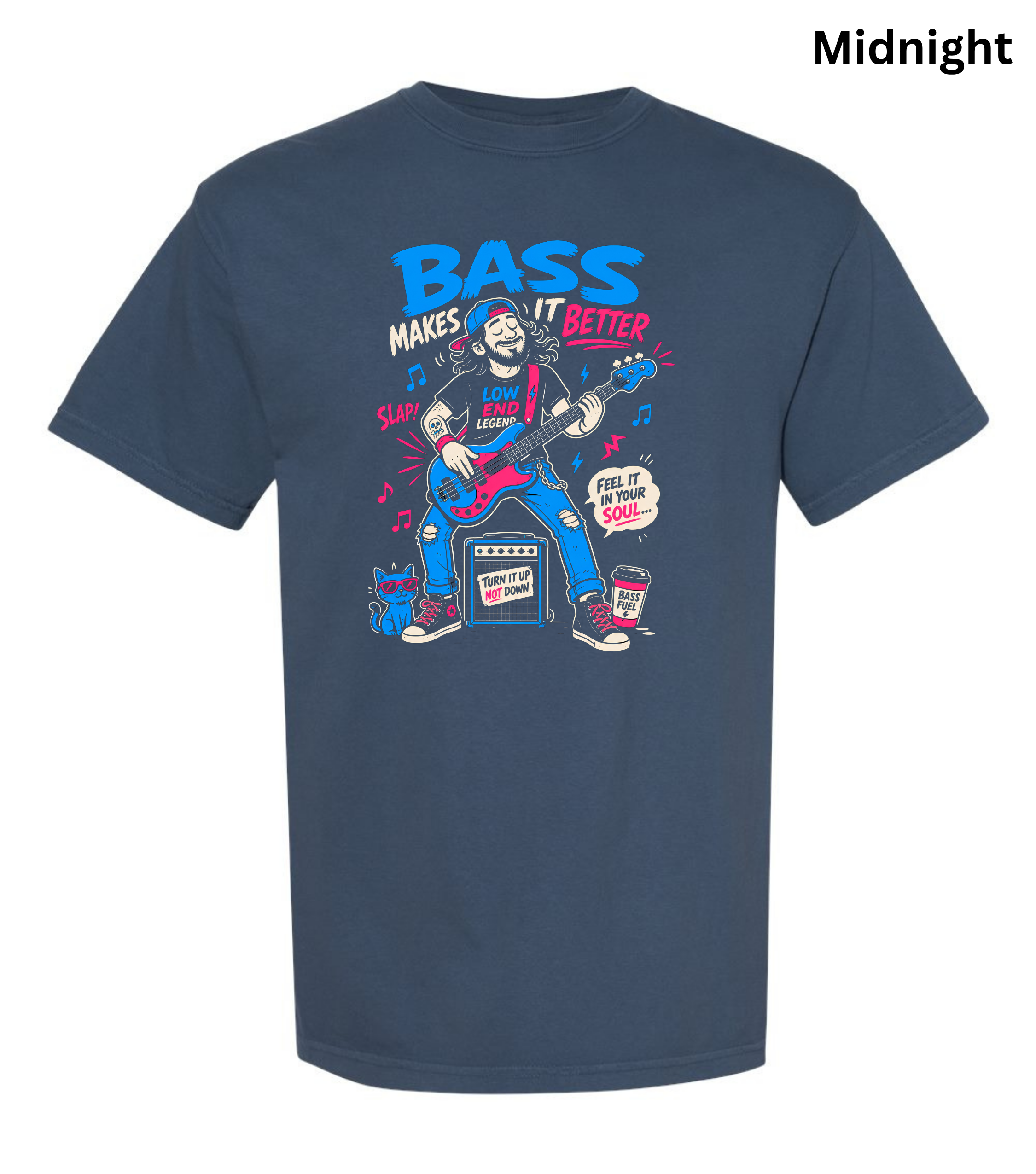 A navy blue short-sleeve t-shirt with a colorful graphic print on the front. The graphic features a cartoon bassist playing a blue bass guitar with the text 'BASS MAKES IT BETTER' in blue and white.