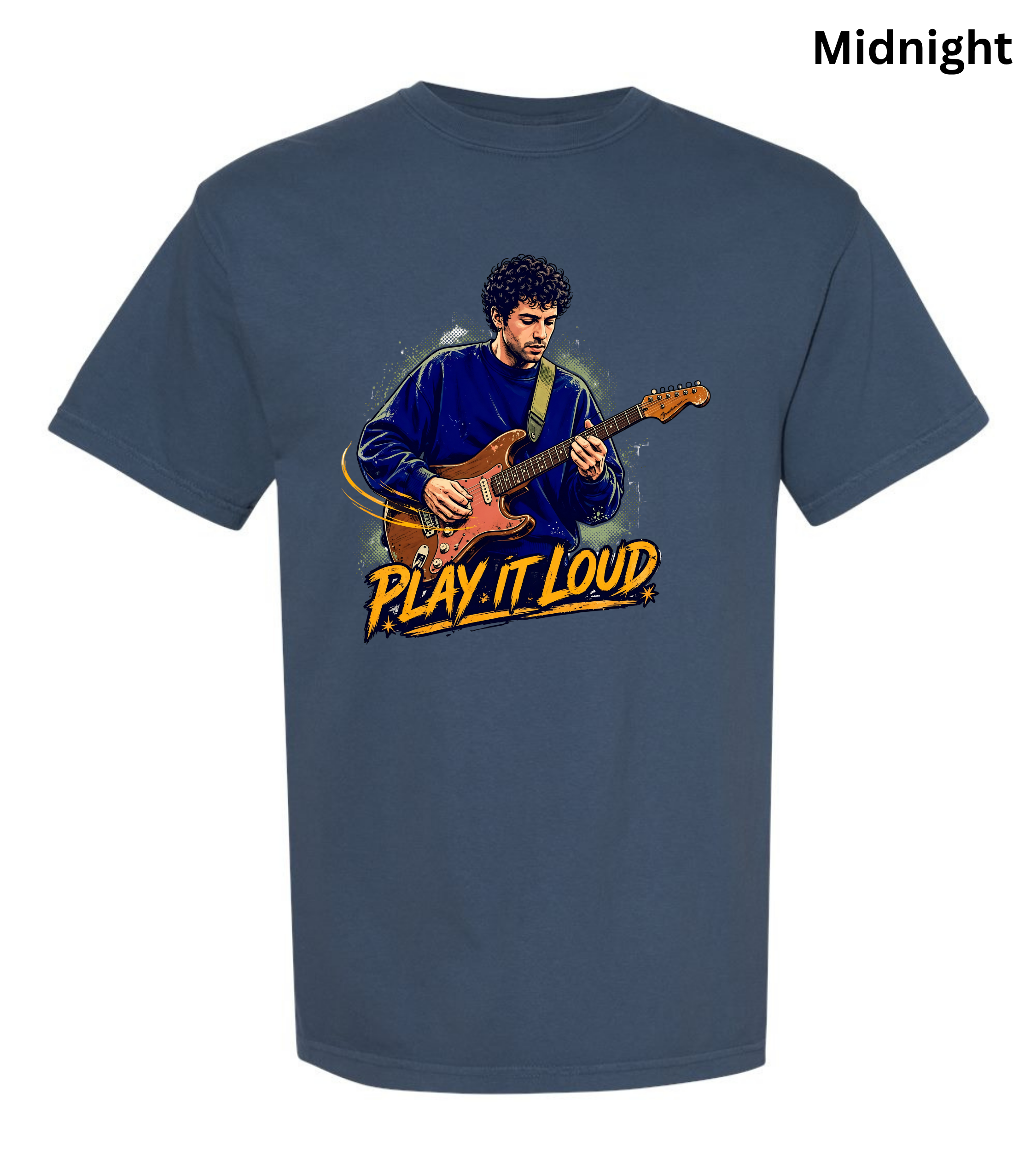 A navy blue short-sleeve t-shirt with a graphic of a man playing an electric guitar and the text 'PLAY IT LOUD' in yellow and orange. The word 'Midnight' is printed in black in the top right corner.