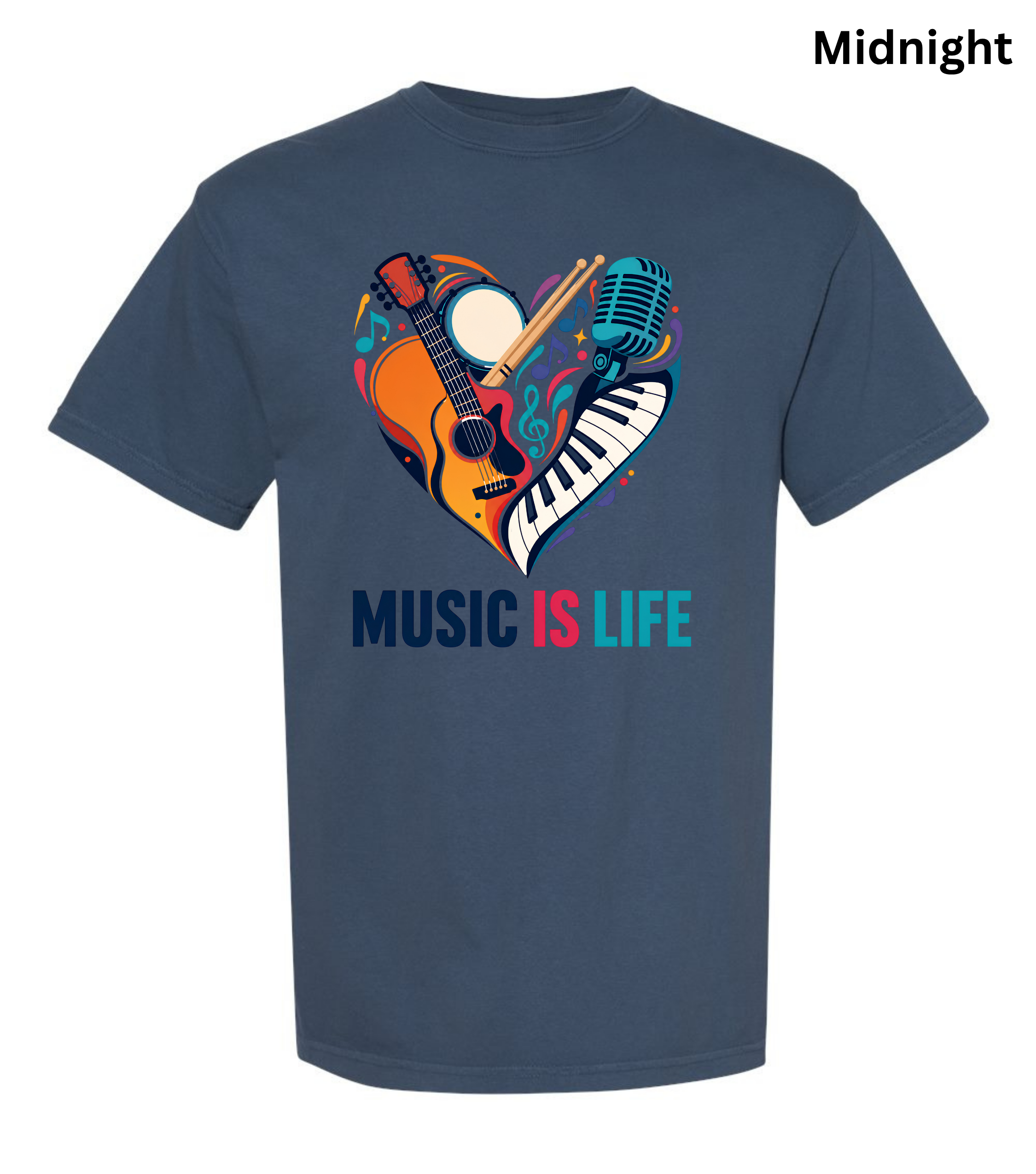 Music Is Life T-Shirt | Colorful Music Lover Graphic Tee with Guitar, Piano & Microphone