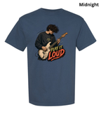 A navy blue short-sleeve t-shirt with a graphic of a guitarist playing an electric guitar next to the text 'PLAY IT LOUD' in red, yellow, and black. The word 'Midnight' is printed in black in the top right corner.